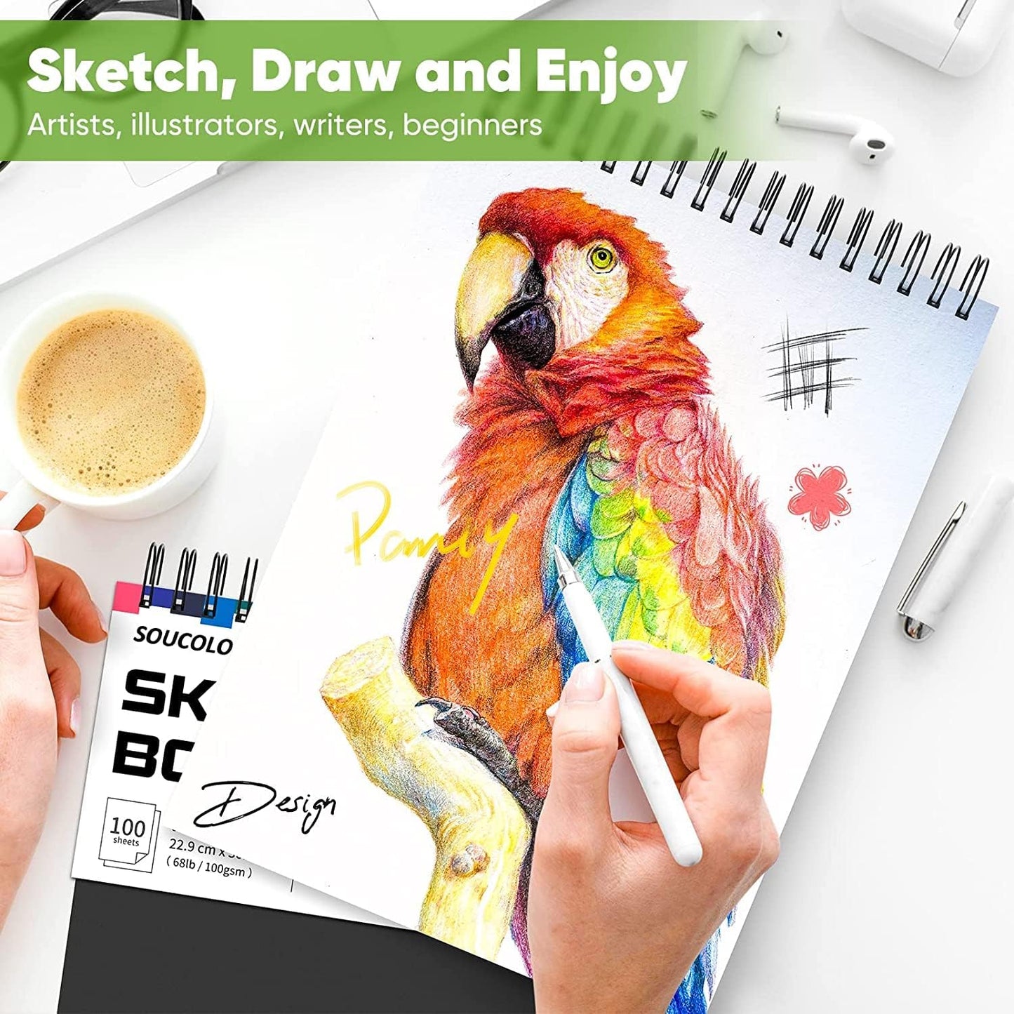 Professional Drawing Supplies for Sketch, Charcoal, Colored, Graphite, Pastel Pencils & Sticks. Soucolor 2-Pack 9" x 12" Sketch Book, 200 Sheets Spiral Bound 68lb/100gsm Paper for Kids Adults Artists