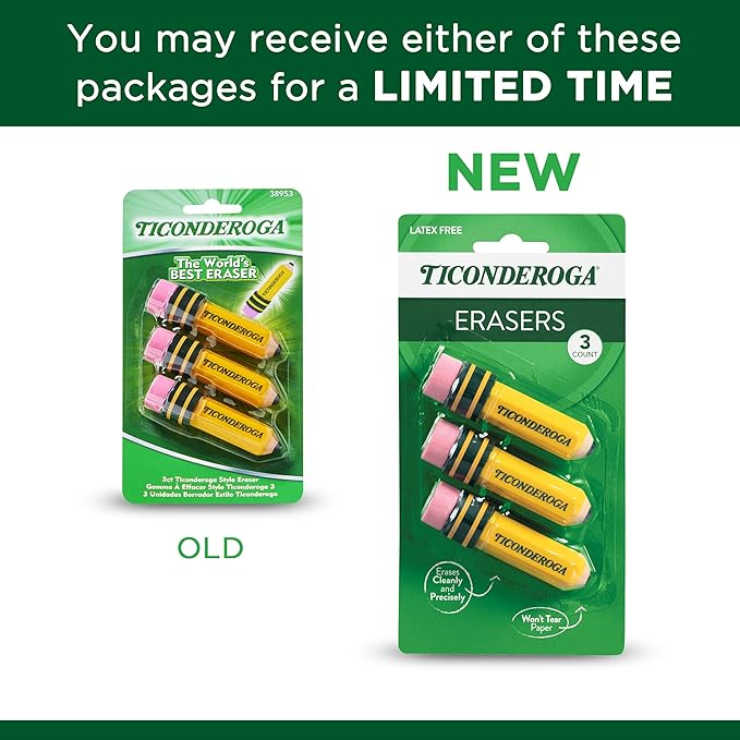 TICONDEROGA ® Erasers, Pencil Shaped, 3 ct | Yellow, 0.75" x 2.875" - Image 5