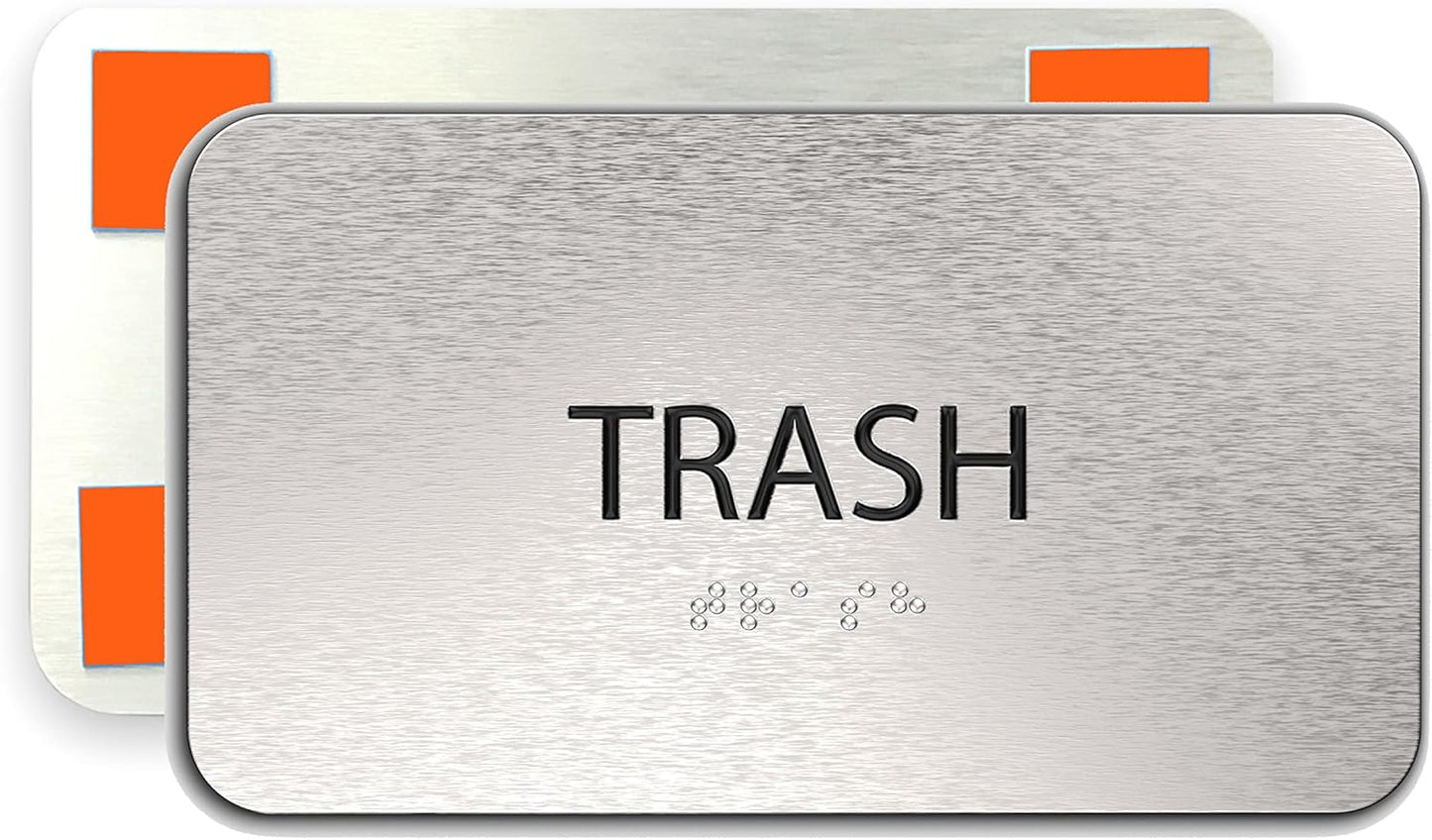 ADASigns Trash Sign 7”x4” - Durable Brushed Aluminum with Grade 2 Braille - Easy Installation with Strong Adhesive Tape - ADA Compliant Signs for businesses, Restaurants & Retail Stores
