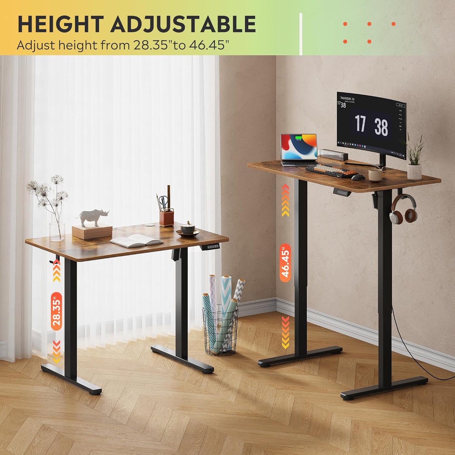 DEVAISE 40 Inch Electric Standing Desk, 3 Adjustable Height Stand up Desk for Home Office, Ergonomic Sit to Stand Desk with LED Touchscreen, 3 Memory Preset Computer Desk (Rustic Brown)