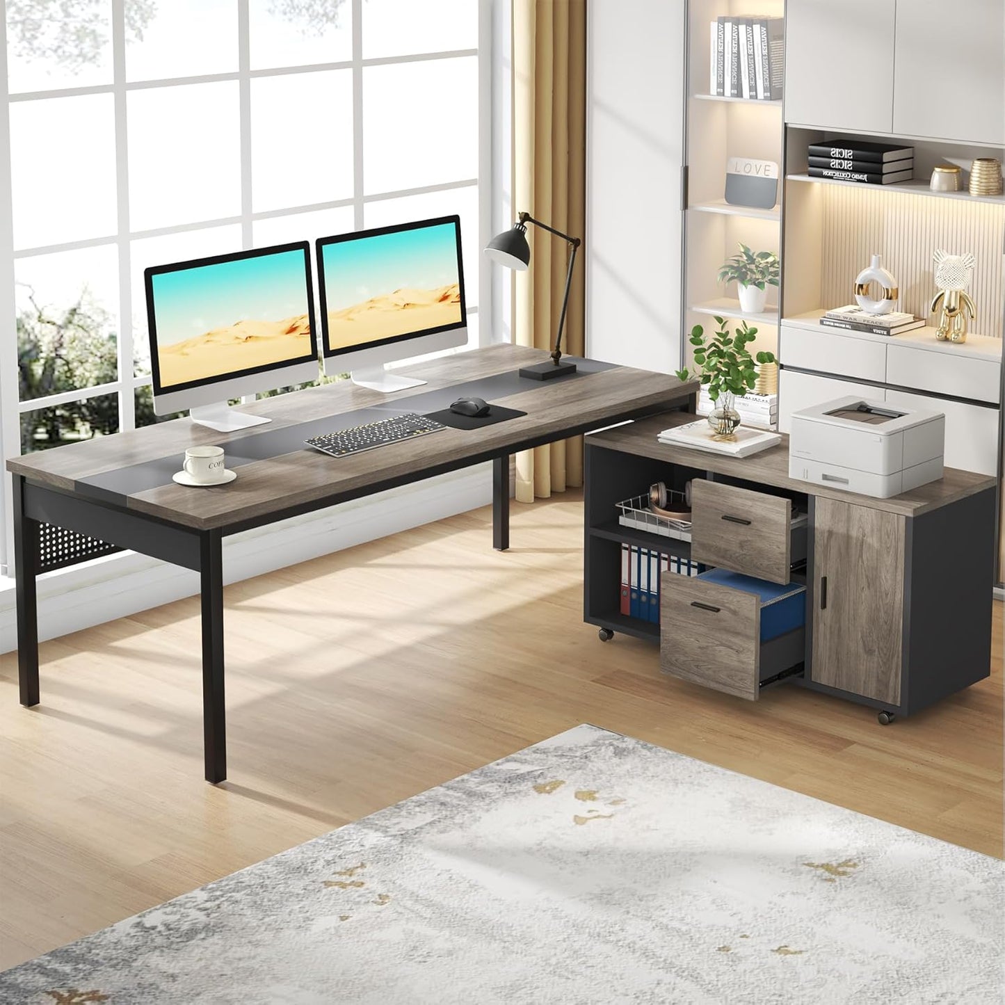 Tribesigns 70.8" Large Executive Office Desk and 47" Lateral File Cabinet Combo, L-Shaped Computer Desk Business Furniture with Drawers and Shelves, Home Office Workstation, Grey & Black
