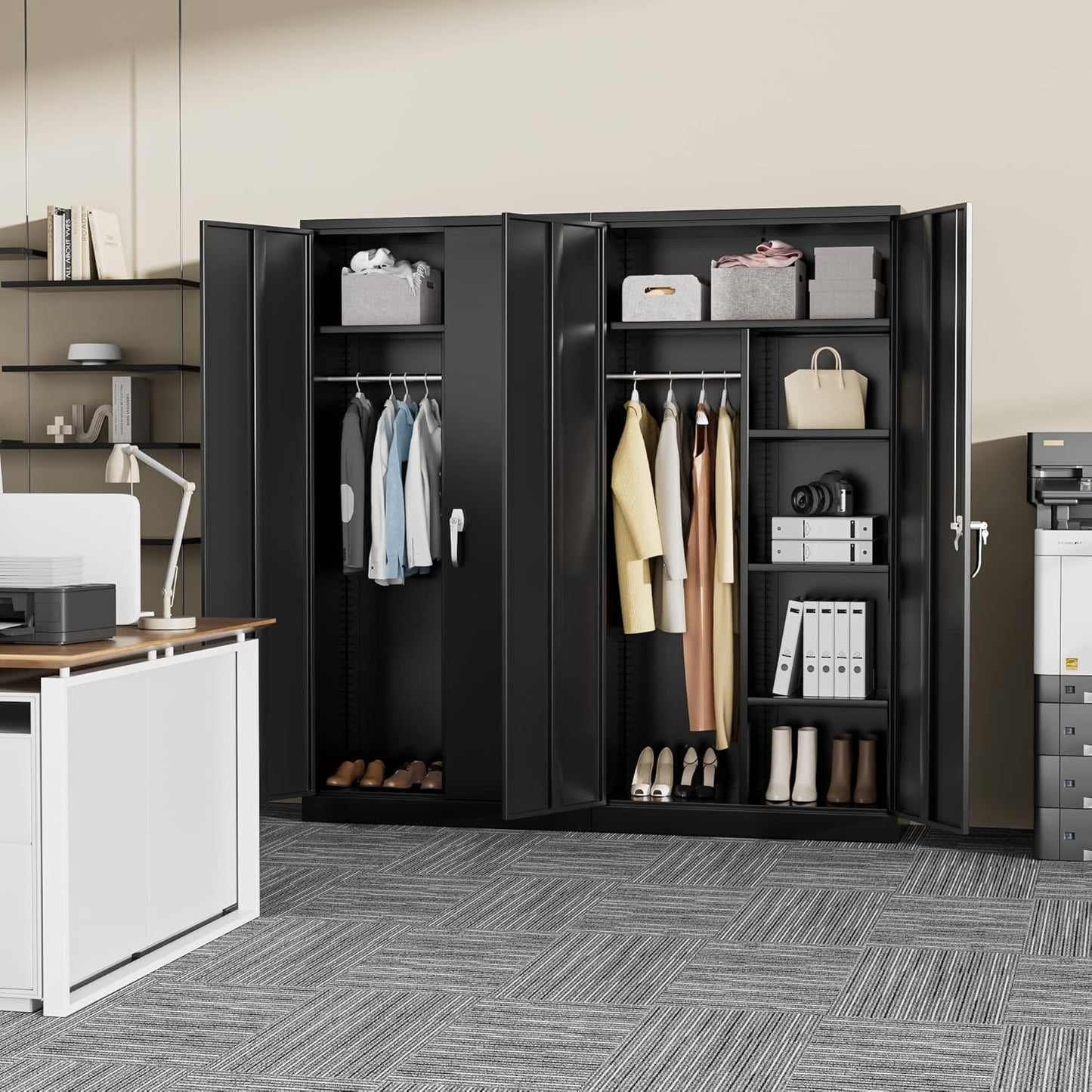 Greenvelly Metal Storage Wardrobe Cabinet with Doors, Black 72” Steel Wardrobe Closet, Employees Locker Closet Clothing Coat Steel Wardrobe Cabinet with Hanging Rod for Home Office Room School