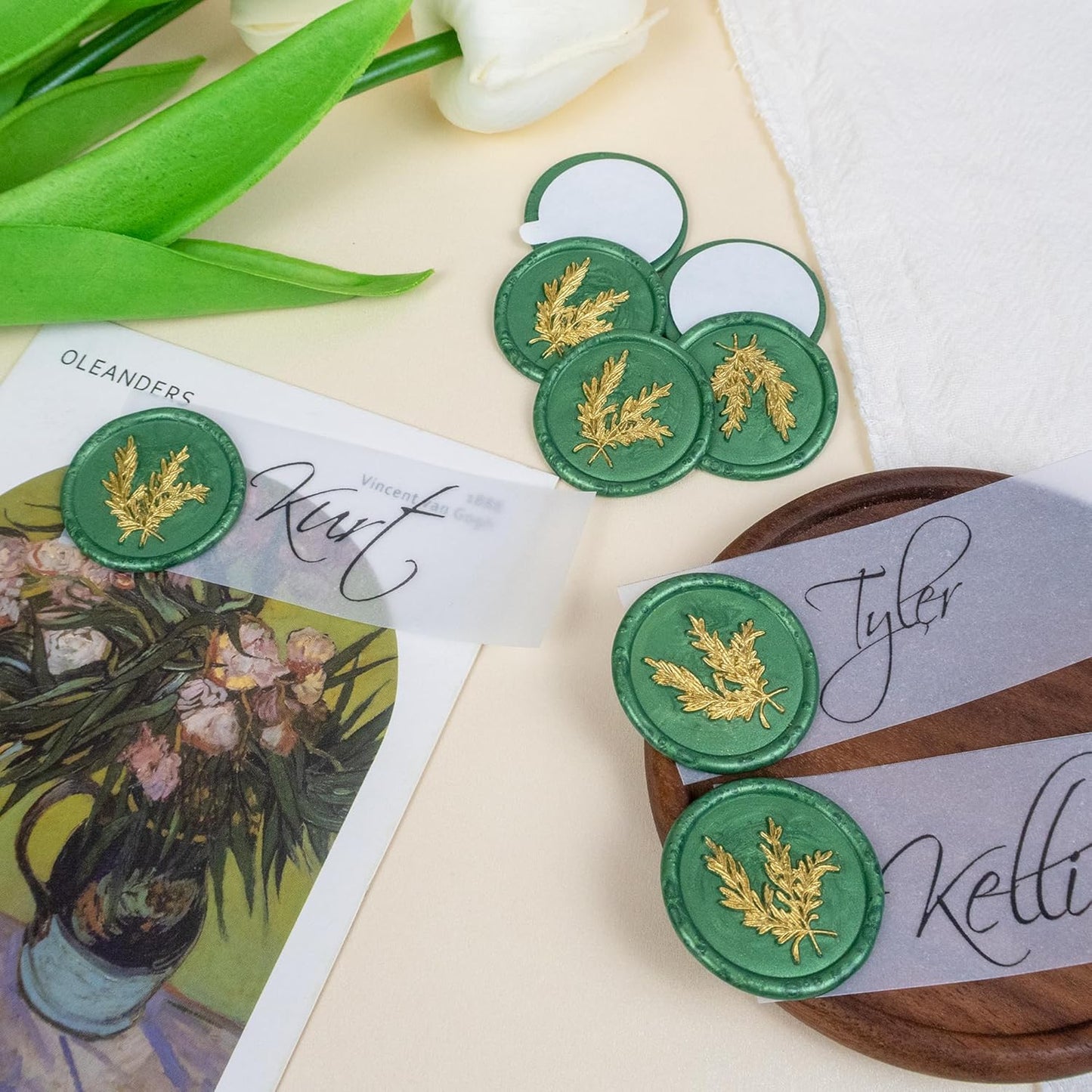 25Pcs Gold & Green Wax Seal Stickers - Handmade Envelope Seals, Self-Adhesive Wax Stickers for Wedding Party Invitations, Envelope, Gift Wrap, Christmas (Gold Rosemary Style, Green)