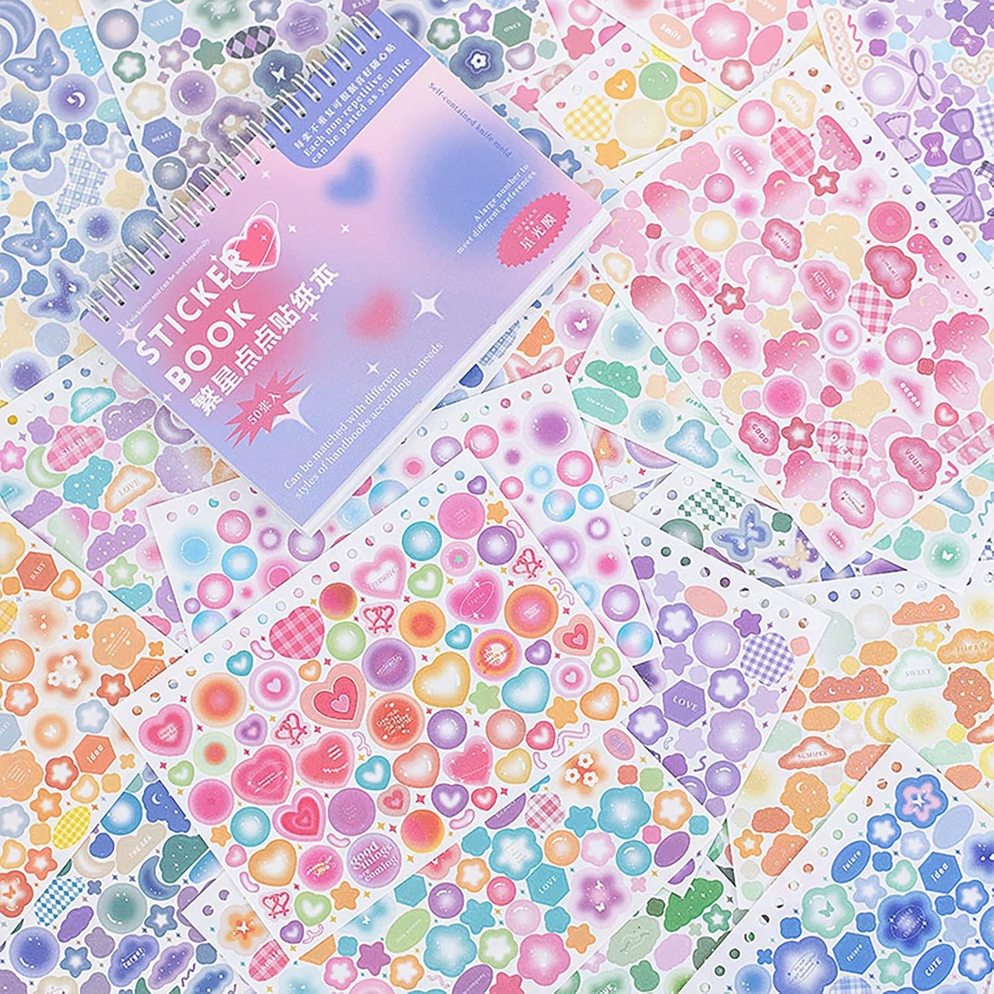 Doraking Colorful Sticker Book, 50 Sheets Shiny Love Bubble Heart Butterfly Ribbon Cute Stickers for Junk Journal Arts Craft Greeting Cards Scrapbook Supplies Home Decoration, DIY Deco Stickers (A)