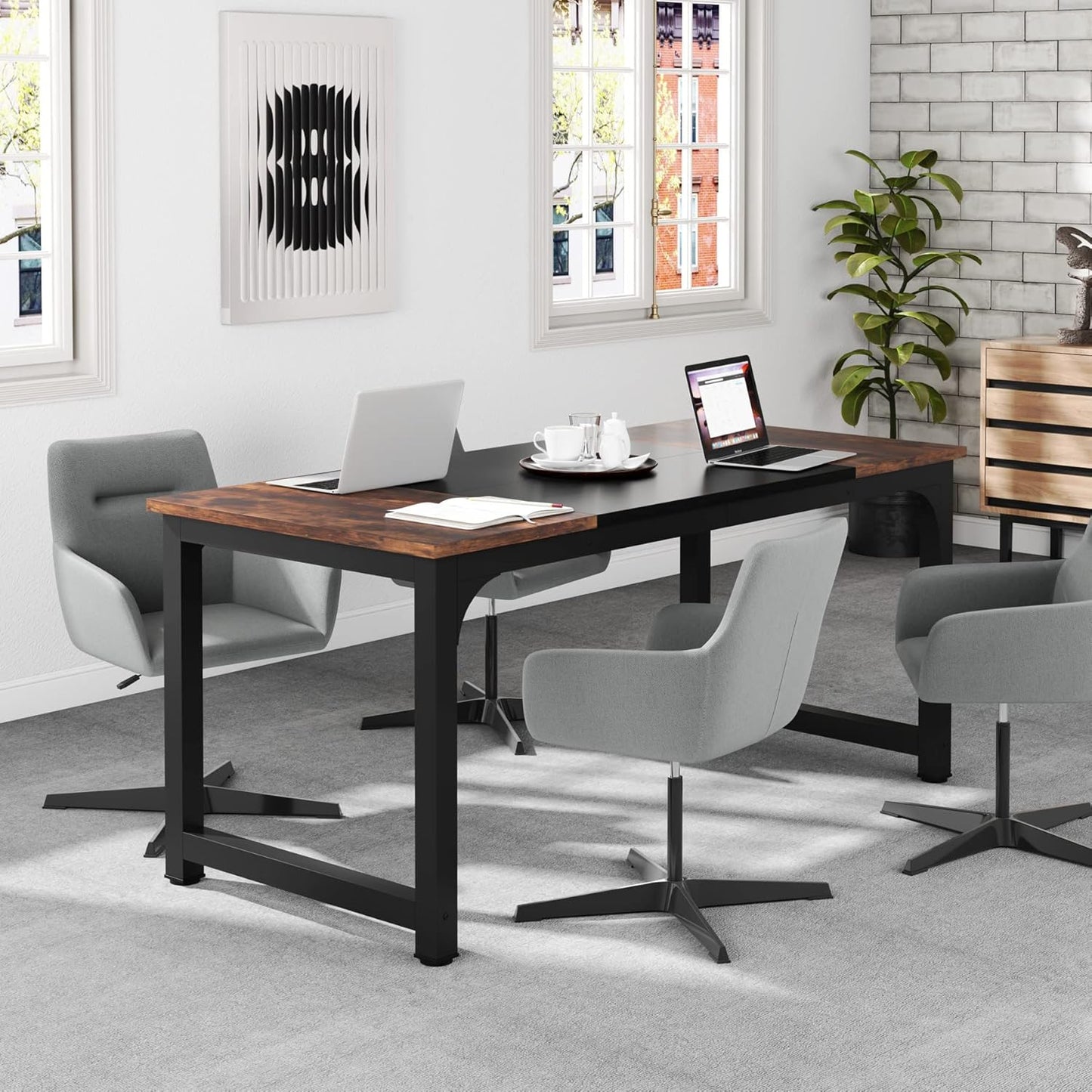 Tribesigns 63” Executive Desk, Large Office Computer Desk with Thicken Frame, Modern Simple Workstation Business Furniture for Home Office, Rustic Brown/Black