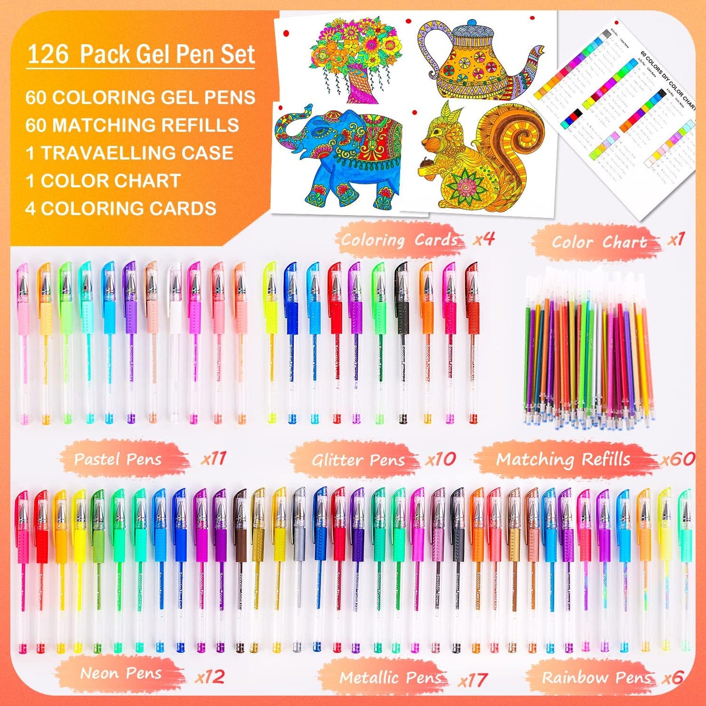 Soucolor Gel Pens for Adult Coloring Books, Deluxe 120 Pack-60 Colored Gel Pens, 60 Refills and Travel Case, with 40% More Ink Gel Art Markers Set for Drawing Journaling Scrapbooking Art Kit Supplies