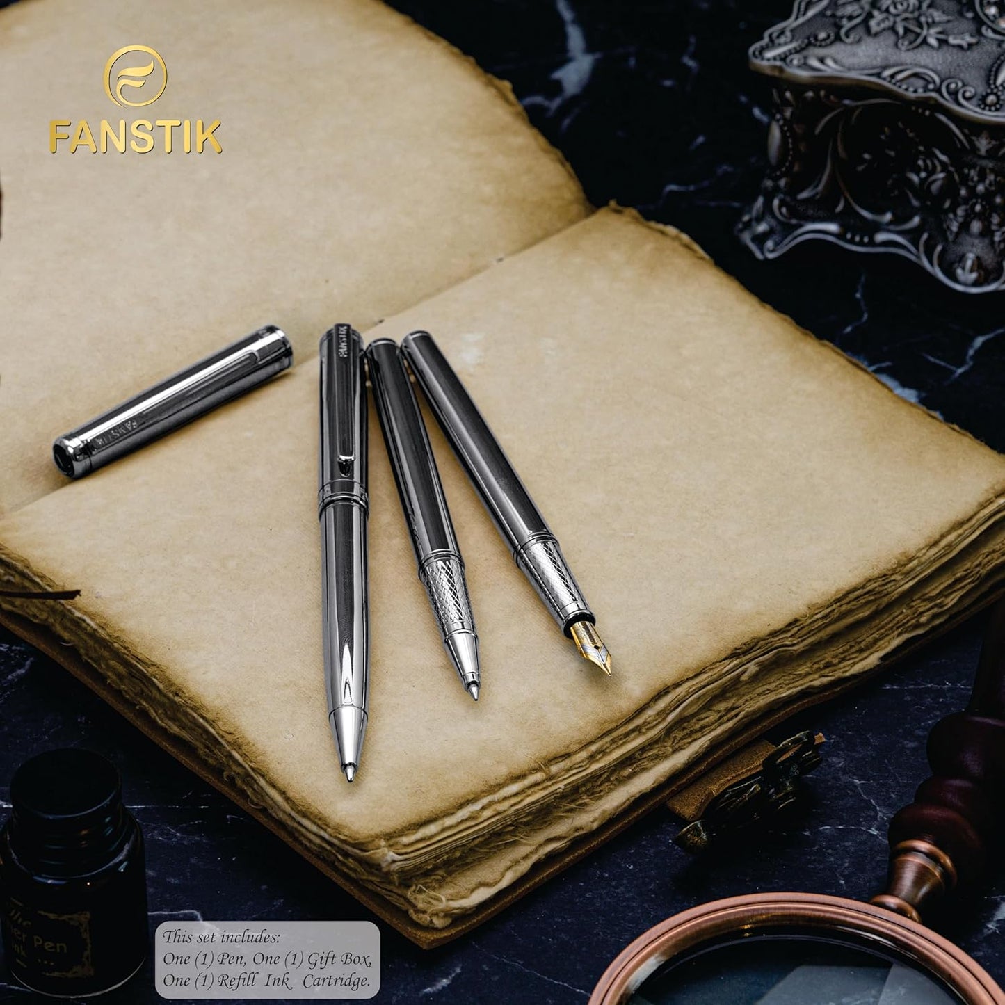 Silver Luxury fountain pen (Made In USA) fancy gift set for women, Real 24K Gold Plating, Professional executive pen gift set for men (Lux fountain Silver)