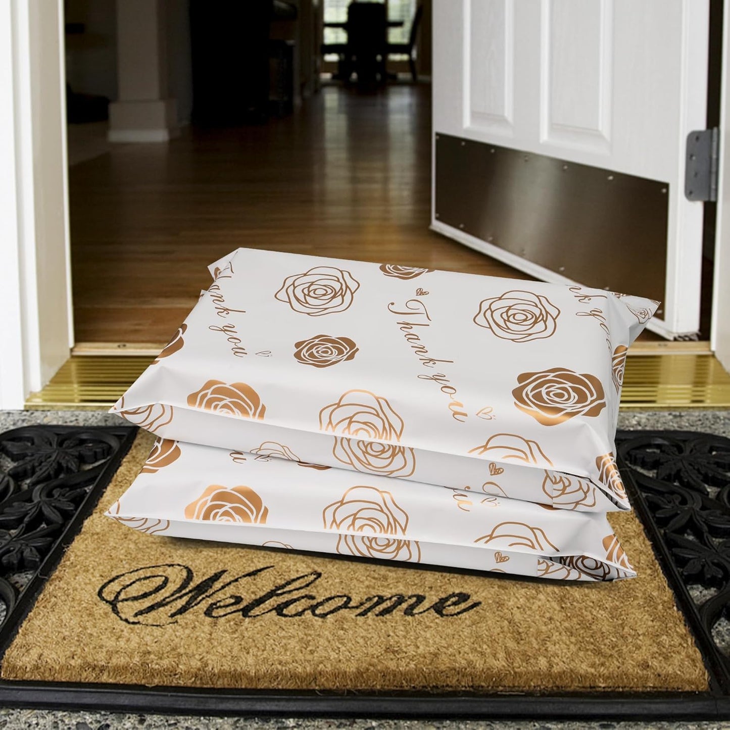 Thank You Poly Mailers 14.5x19 Inch 50 Pcs - Gold Rose Printed Shipping Bags for Clothing - Waterproof and Tear Resistant Mailing Envelopes - Self-Sealing Packaging Bags for Small Business