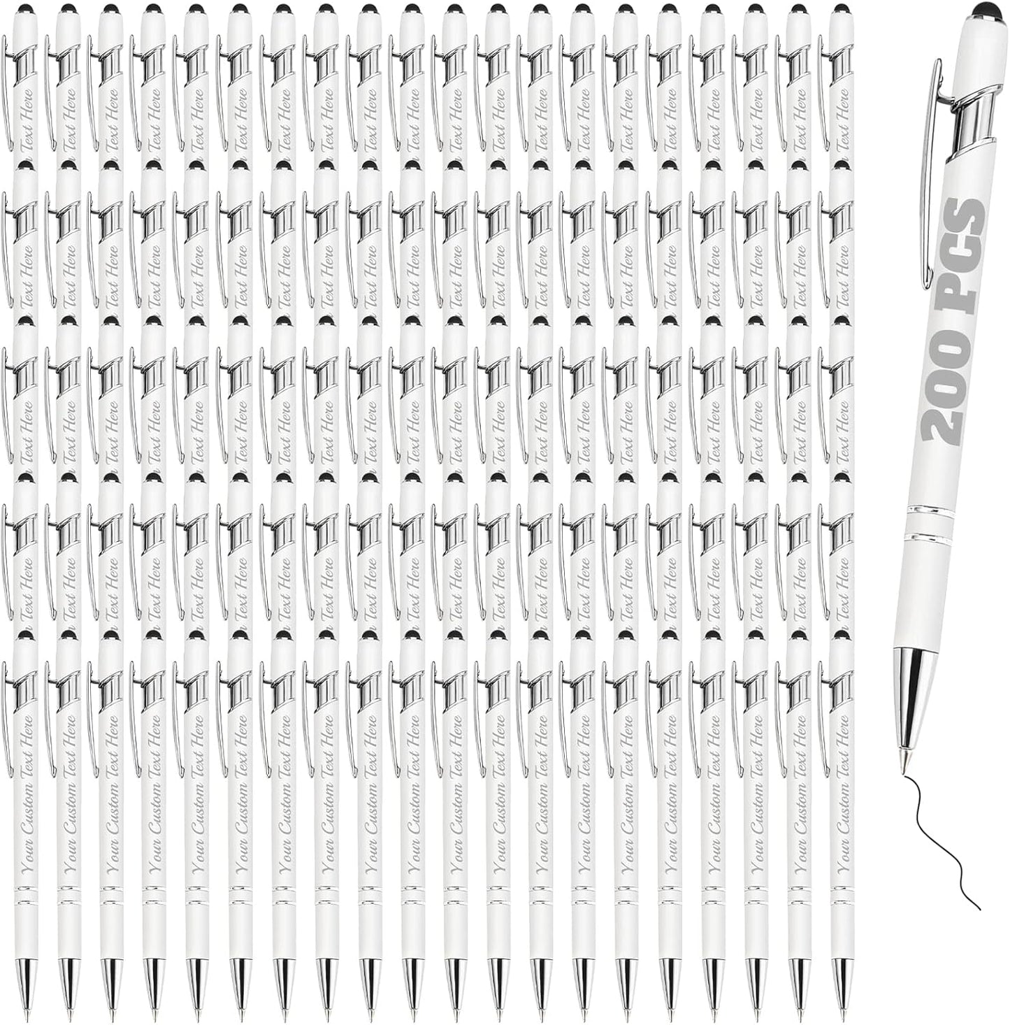 Personalized Pens Bulk 200 with Name Custom Engraving Ballpoint Pens with Stylus Tip Customized Smooth Writing Pens Personalized Gifts for Anniversary Birthday or Graduation(White,Black Ink)