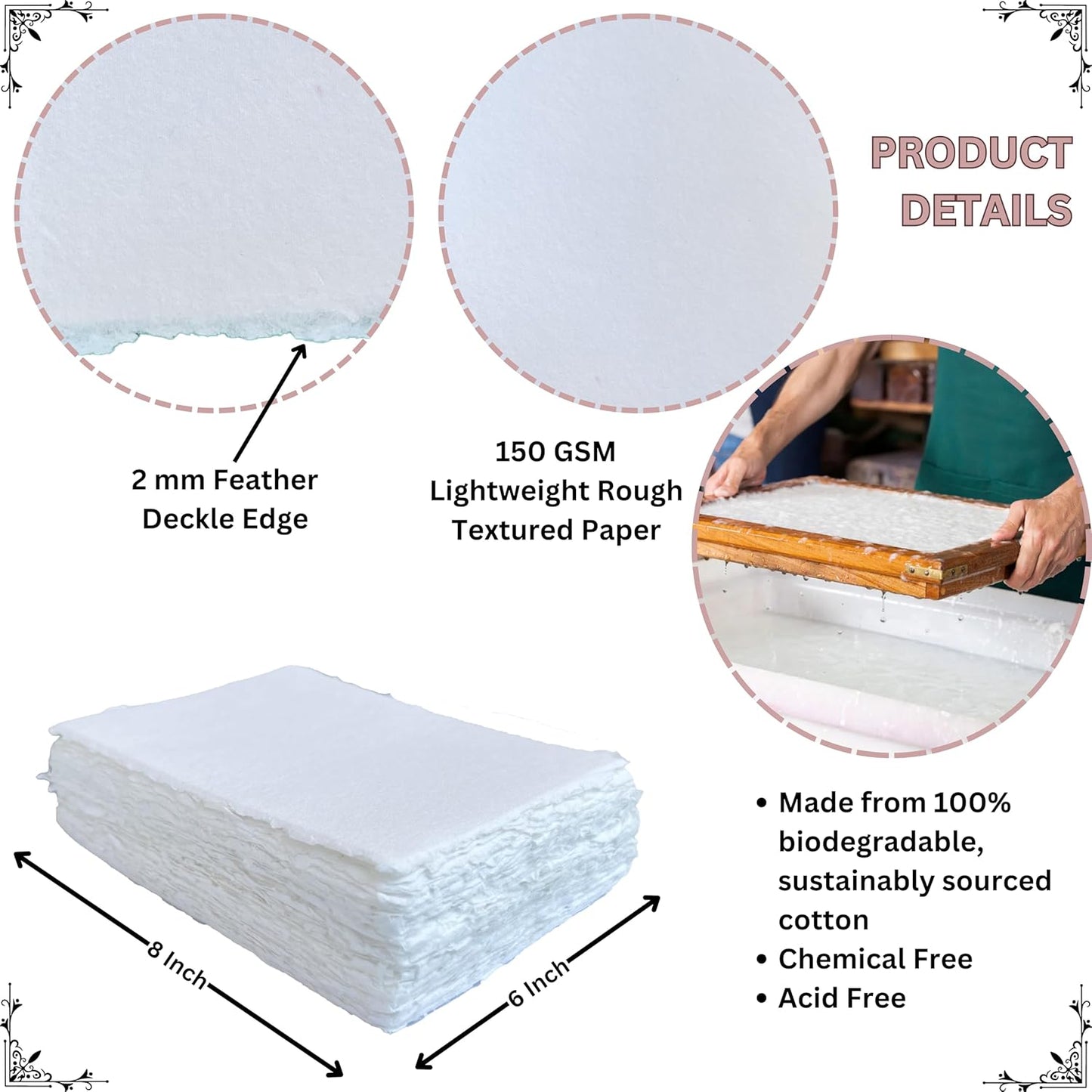 Handmade Cotton Paper with Deckle Edge Recycled Cotton Rag Mixed Media Card Stock for Watercolor, Writers, Invitations, Crafts (150gsm, 6x8 inch "A5", 50 Pack)