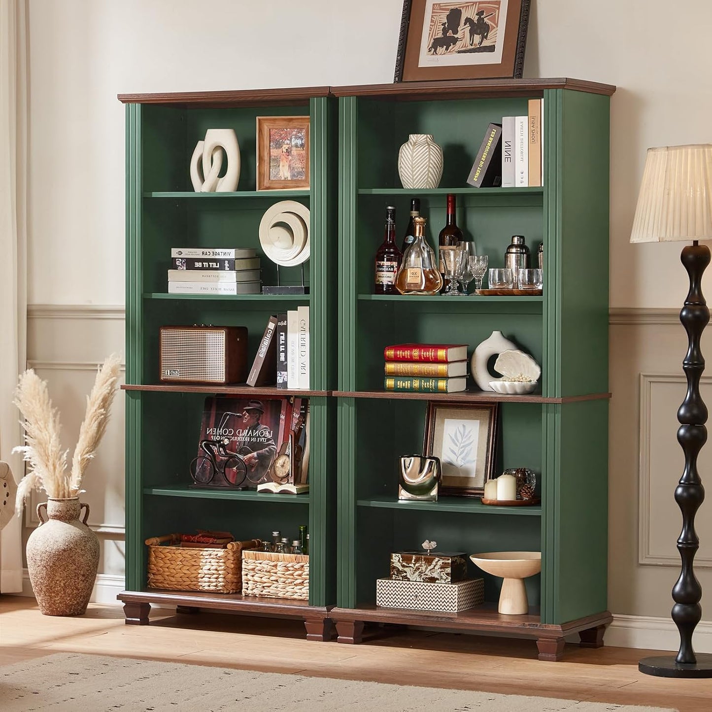 70" Tall Green Bookshelf,5 Tier Wooden Book Shelf with Adjustable Shelves & Wood Legs,Free Standing Farmhouse Bookcase with Open Display Storage,Vintage Bookshelves for Library, 3PCS