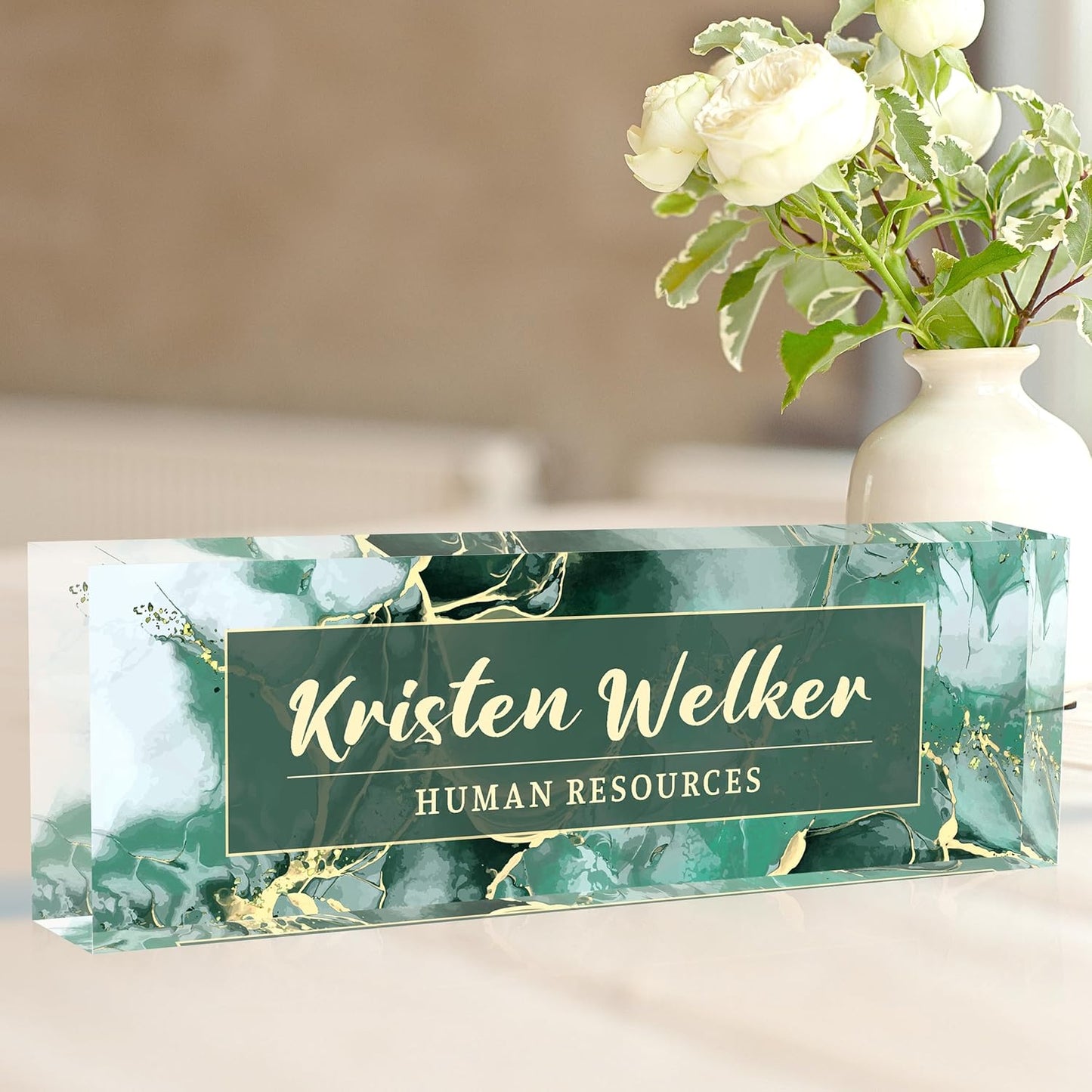 Desk Name Plate Personalized, Premium Green Phnom Penh Marble Acrylic Desk Name Plate, Personalized Name Plate for Desk, Office Decor for Women or Men Coworkers, Boss, Employee, Teacher