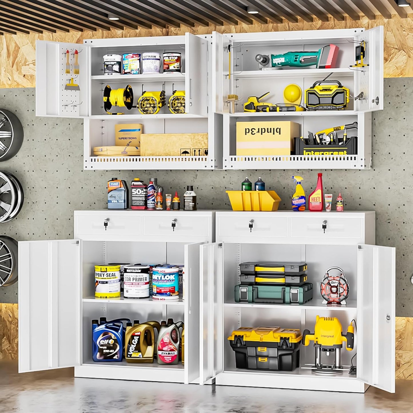 INTERGREAT Metal Cabinets with Drawers,White Metal Storage Cabinets with Doors and Shelves for Garage,Locking Garage Storage Cabinets Drawer 42"×36"×18"