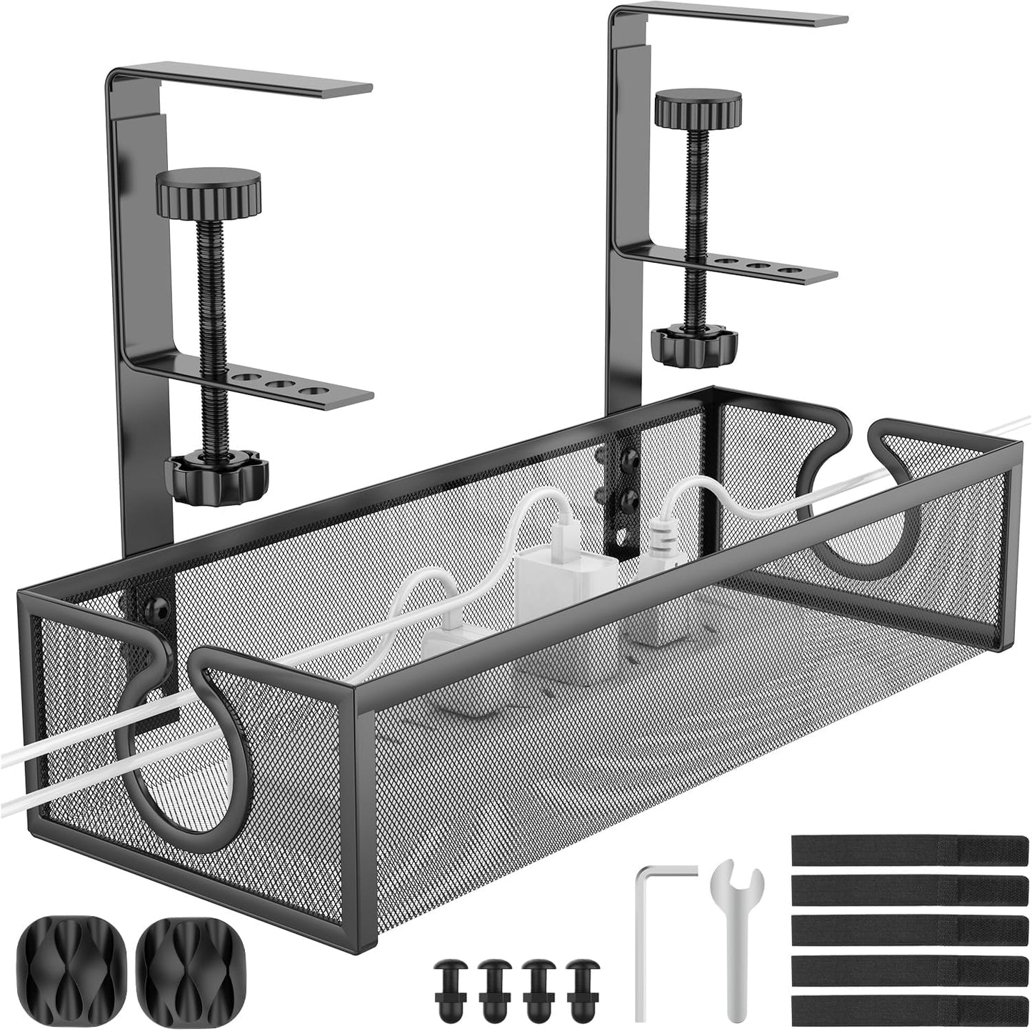REFLYING Under Desk Cable Management Tray, Metal Long Arms(3.9in), No Drill Mesh Desk Cable Tray, Wire Management Tray Cable Management Box for Office, Desk Cable Tray Wire Organizer, 1 Pack, Black