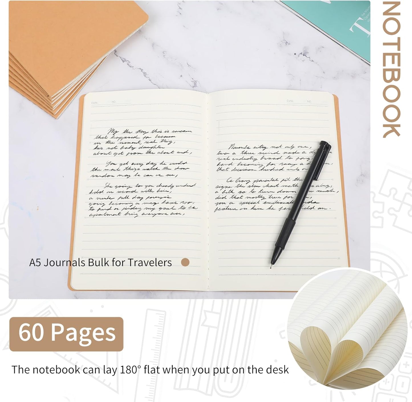 miikoul 72 Pack A5 Kraft Paper Notebook Lined Journal Bulk, 8.3 X 5.5 Inch, 60 Pages/30 Sheets, 80gsm, Travel Notebook Notepad for Adult, Students, Gift, Office, Back to School Supplies