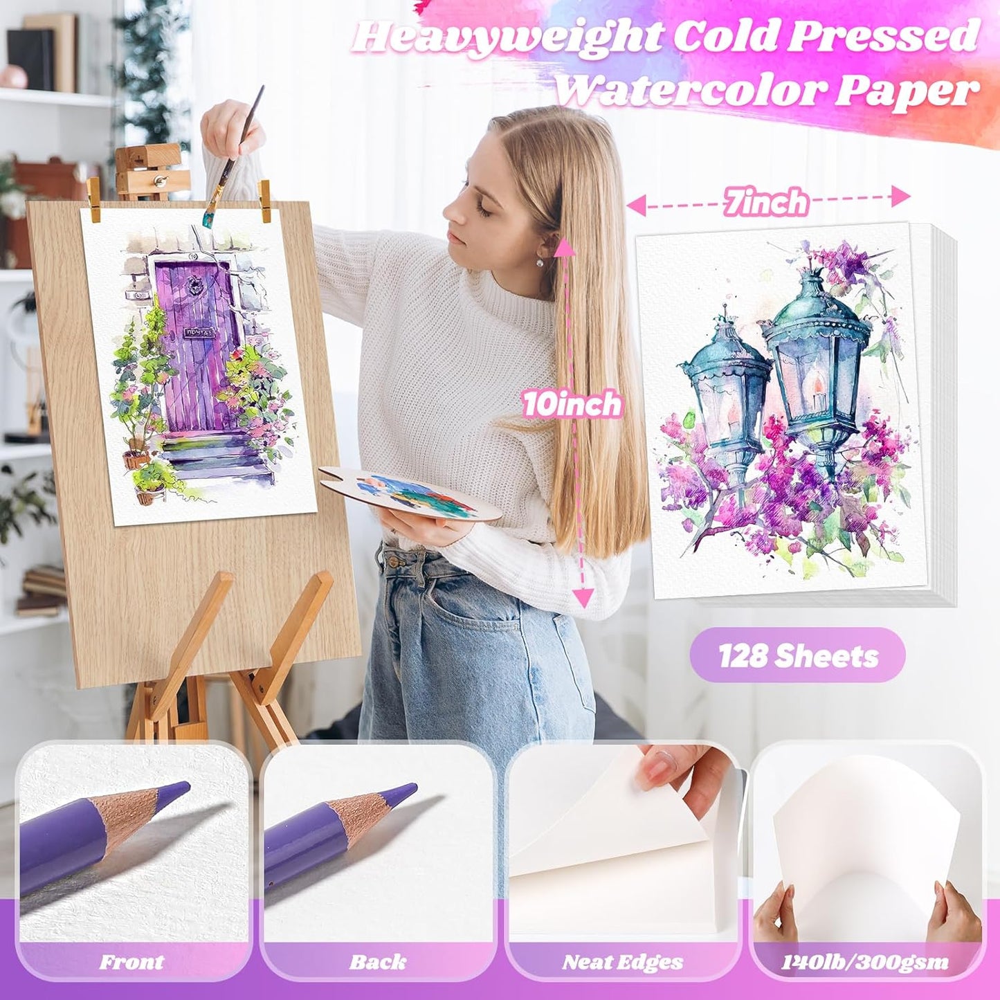 128 Sheets Watercolor Paper, Art Supplies for Kids, 7"x10" Cold Press Water Color Paper, 140lb/300gsm Artist Acrylic Painting Supplies for Adults, Watercolors, Paint Set, Colors, Sketchbook, Journal