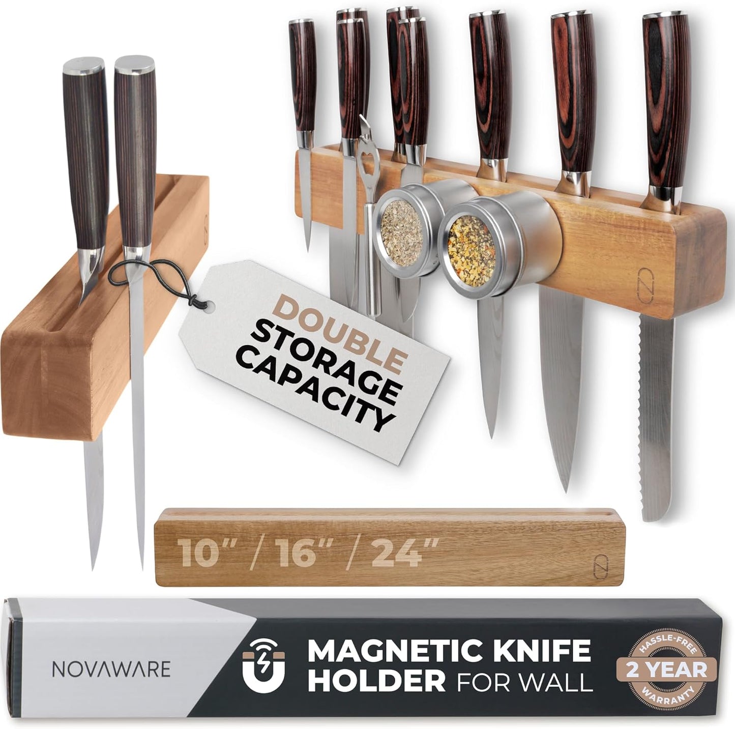 Premium 16 inch Magnetic Knife Holder for Wall with 2x Storage & Charming Wood - Knife Magnetic Strip, Under Cabinet Magnet Knives Storage - Magnet Strip Rack Kitchen Utensil Holder Organizer Tool