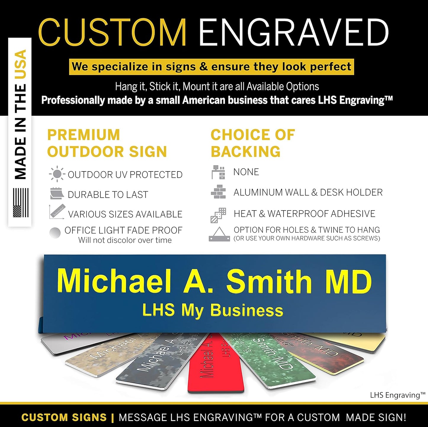 Engraved Door Signs for Office Personalized Blue Plastic Door Plaque with Yellow Letters - Made in USA 2x6 B20