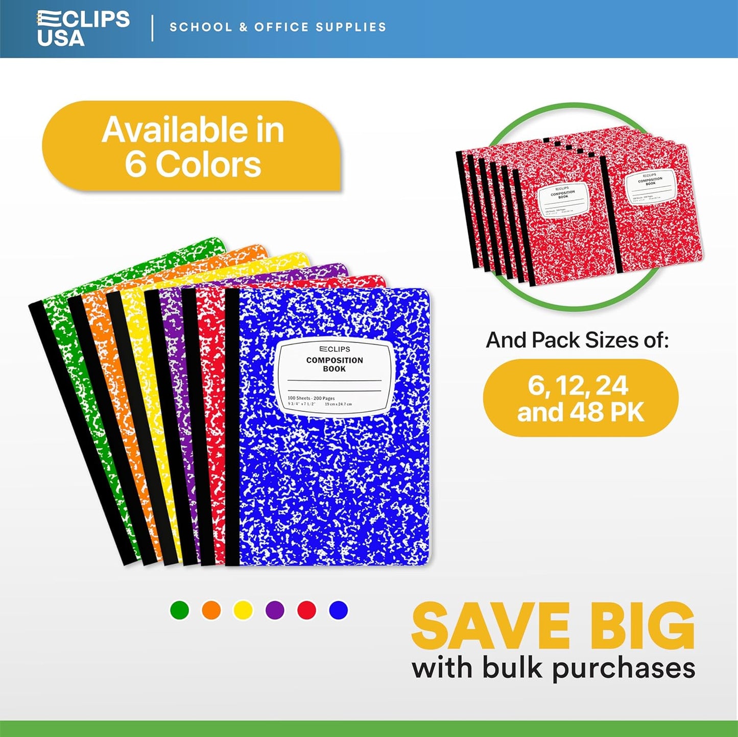 E-CLIPS USA Composition Notebooks, (24 Pack), Wide Ruled Composition Notebook, Marble Composition Notebook, 100 sheets, 200 Pages (24, Red)