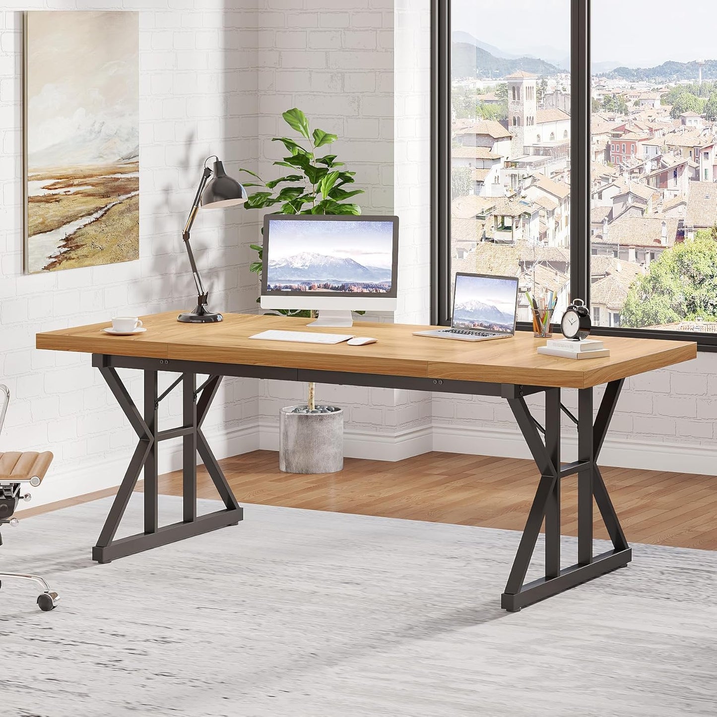 Tribesigns 70.8-Inch Executive Desk, Large Computer Office Desk Workstation, Modern Simple Style Laptop Desk Study Writing Table Business Furniture for Home Office (Light Walnut/Black, 70.8 Inch)