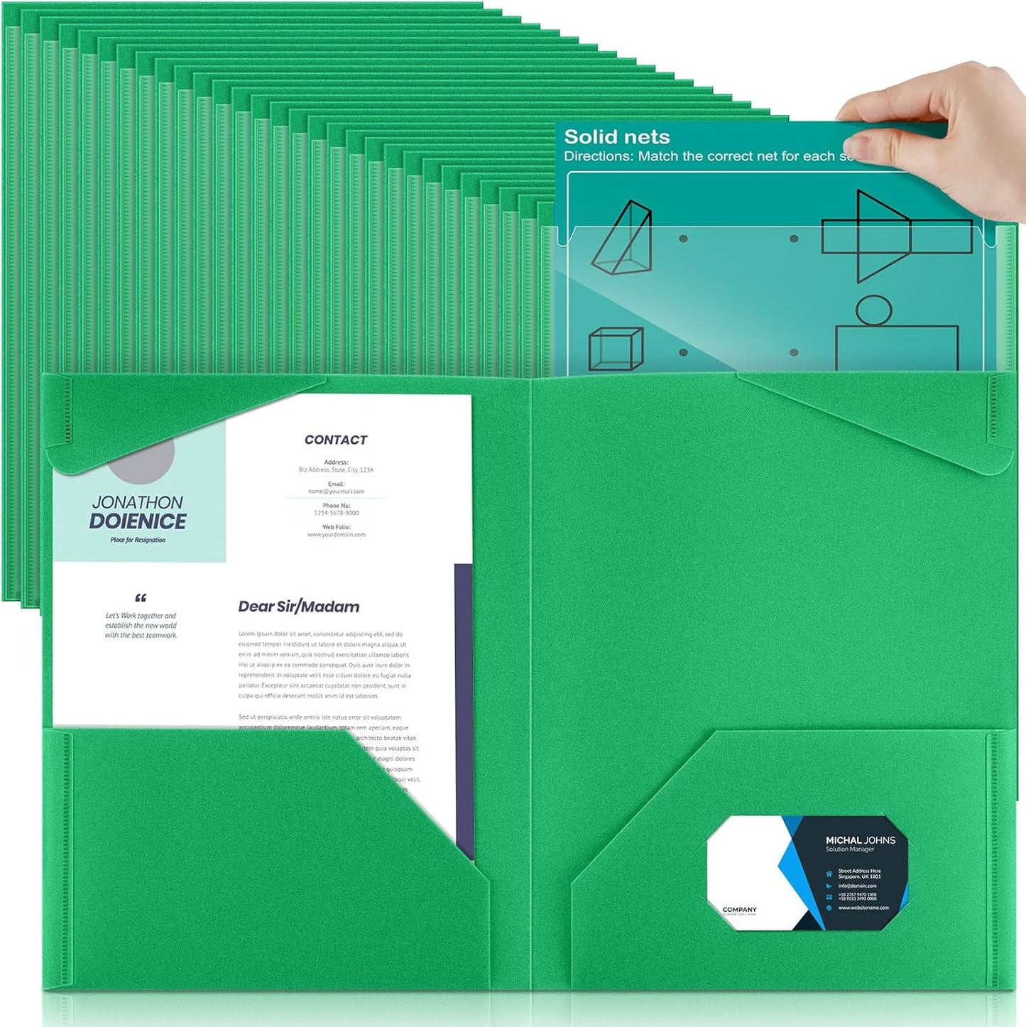 Henoyso 100 Pcs Plastic Folders with Clear Front Pockets Bulk Heavy Duty File Folders with 2 Pockets and Card Slot for Student Teacher Back to School Supplies Office Presentation (Green)
