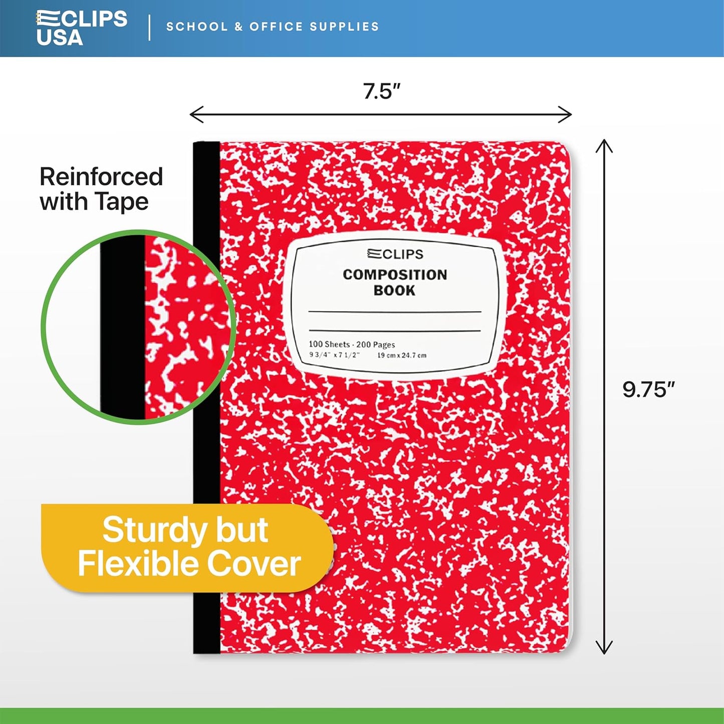 E-CLIPS USA Composition Notebooks, (6 Pack), Wide Ruled Composition Notebook, Marble Composition Notebook, 100 sheets, 200 Pages (6, Red)