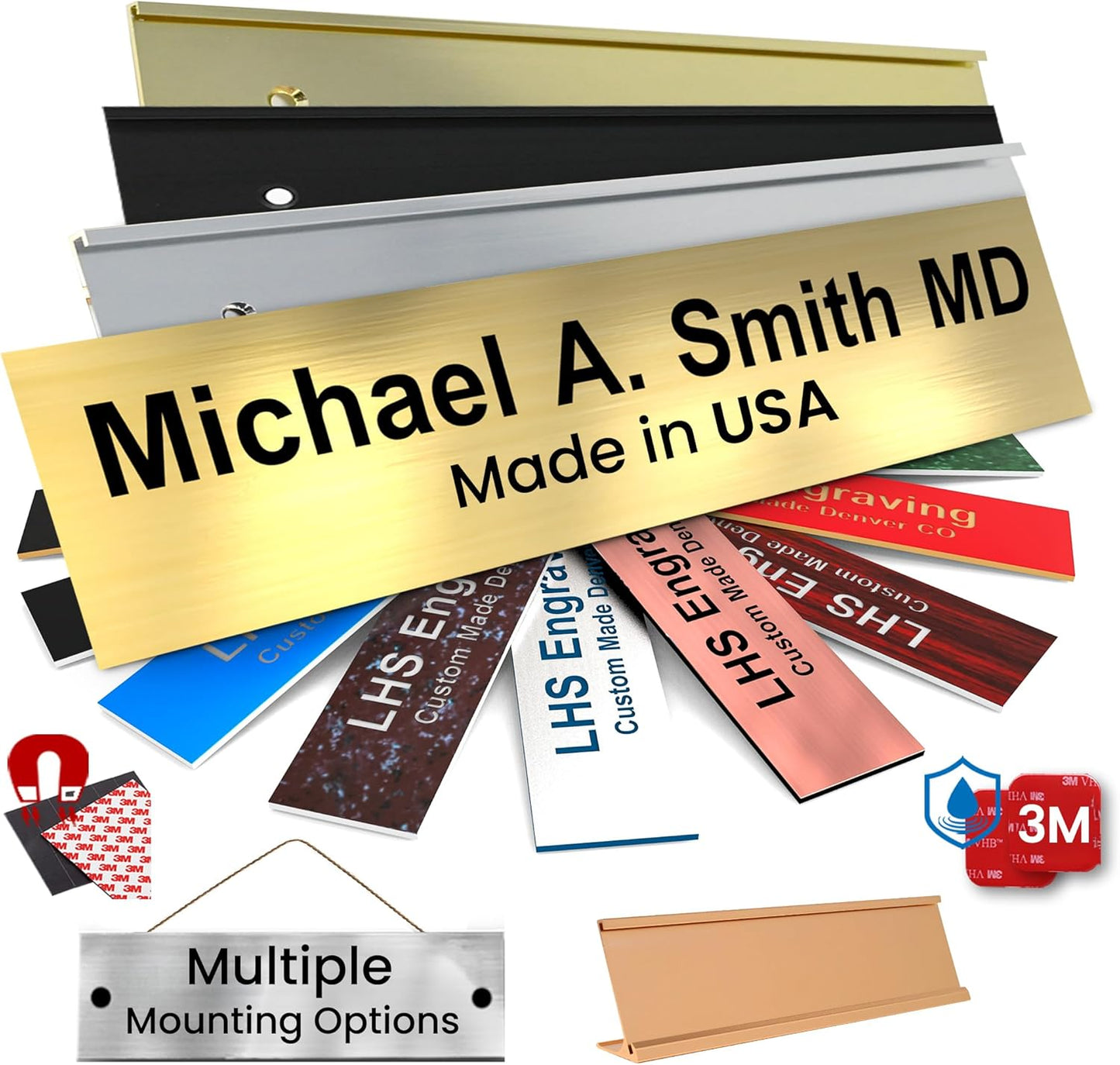 Engraved Name Plates for Door Sign Personalized Brushed Brass Plastic Plaque with Black Letters - Made in USA 2x10 M6