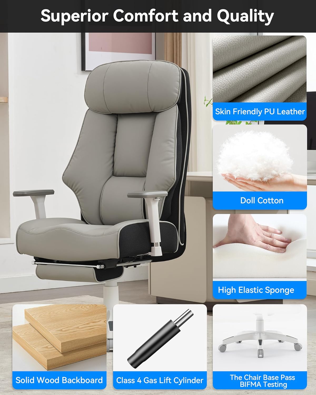 DJ·Wang Big and Tall Office Chair 400lbs with Foot Rest, High Back Executive Office Chair with Extra-Thick Spring Cushion, Ergonomic Leather Chairs Gray