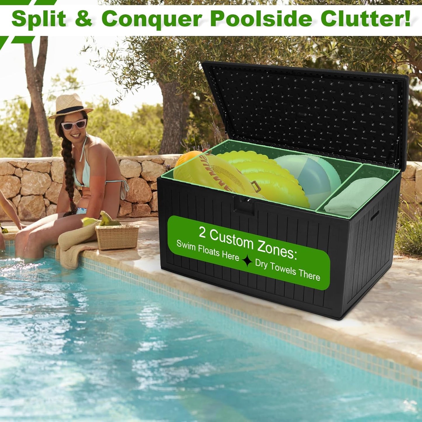 260 Gallon Outdoor Storage Box Waterproof, Extra Large Plastic Outside Deck Box Weatherproof, Resin Patio Storage Bin with Lock and Lids for Pool Equipment, Cushion, Black