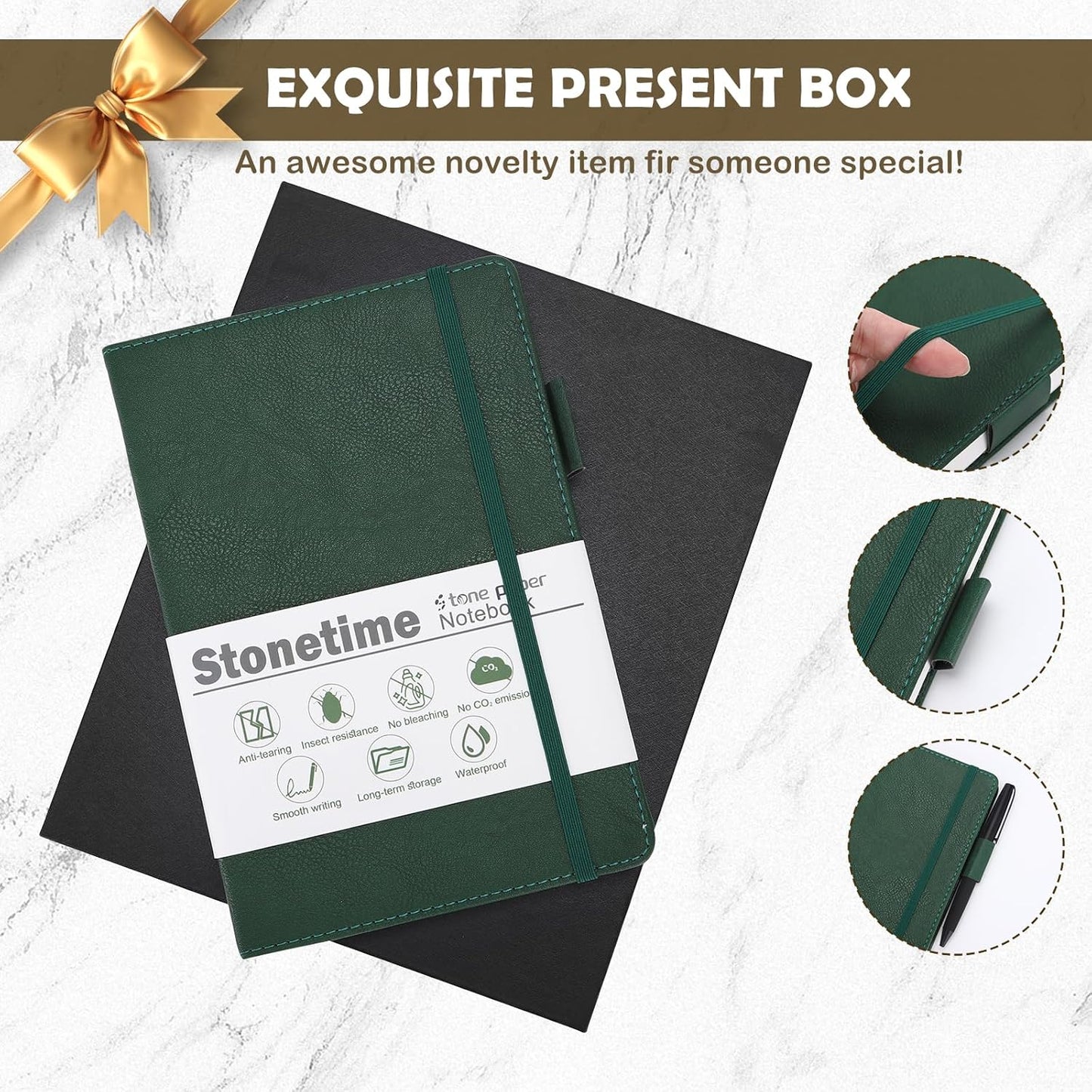 Stone Paper Notebook for Women Men, A5 Waterproof Notebook Hardcover Executive Journal, Ruled Notebooks for Writing, Business, Work ＆ School, 160 Pages Notebook with Box (A5 Green)