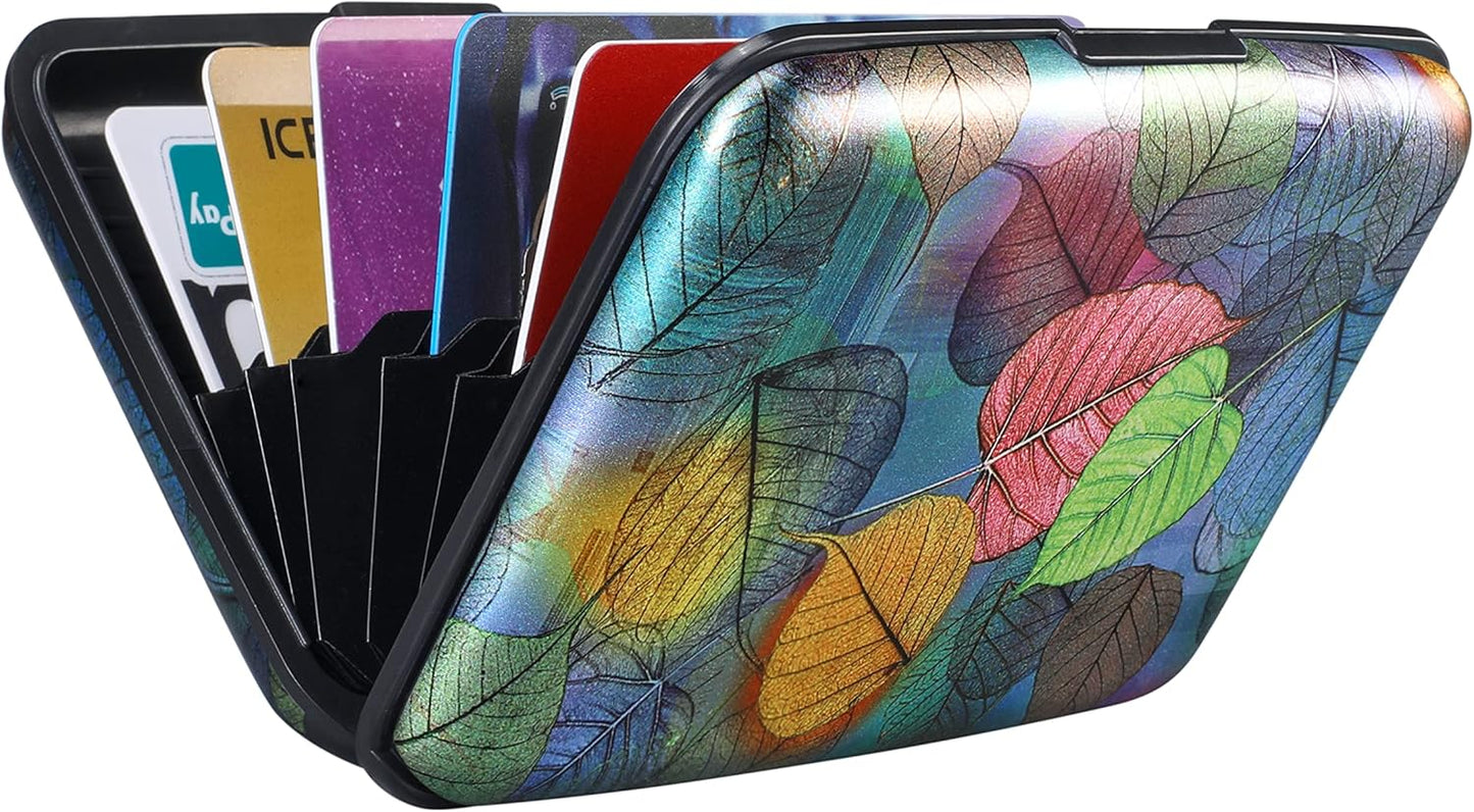 ELFISH Mini RFID Aluminum Wallet Credit Cards Holder Business Card Case Metal ID Case for Men Women（Colorful Leaves