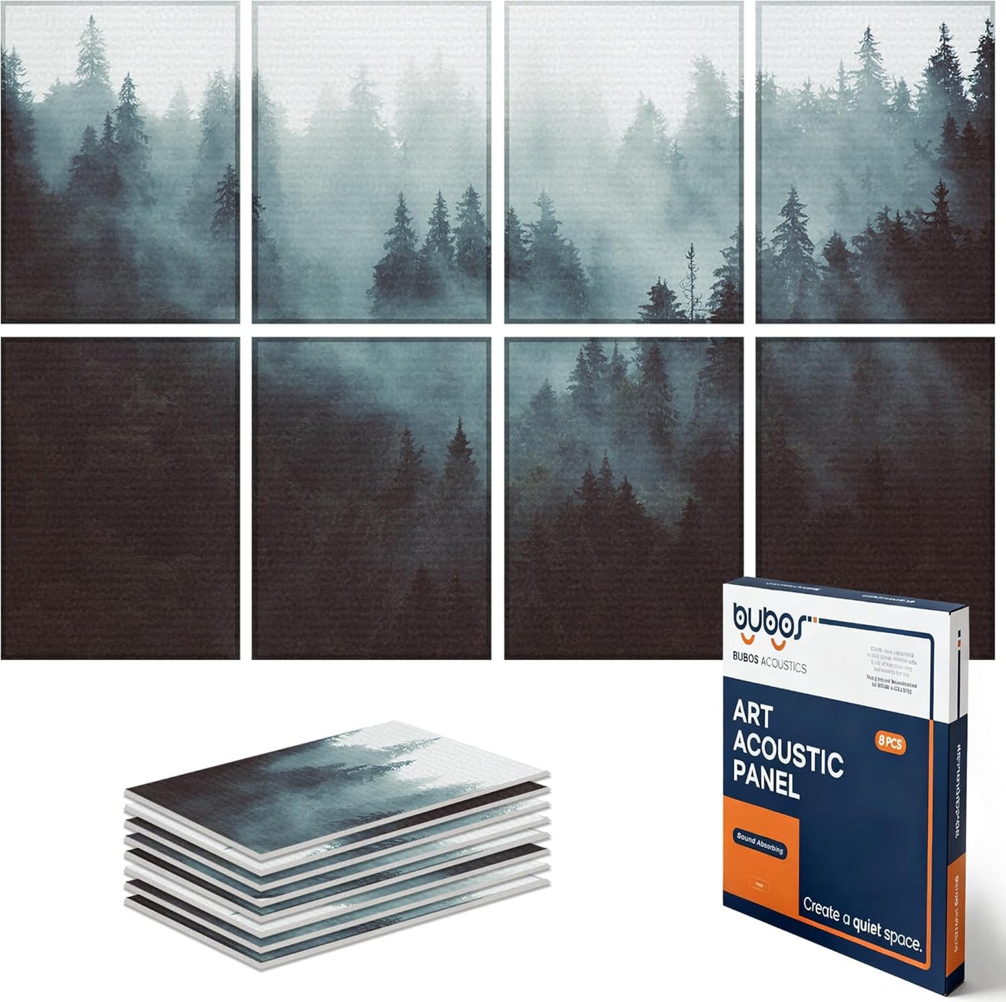 BUBOS 8 Pack Art Acoustic Panels Soundproof Wall Panel,47.2X31.4 Inches Sound Absorbing Panel,Self-adhesive Decorative Acoustical Wall Panels, Acoustic Treatment for Ceiling Home Office（Fog Forest）