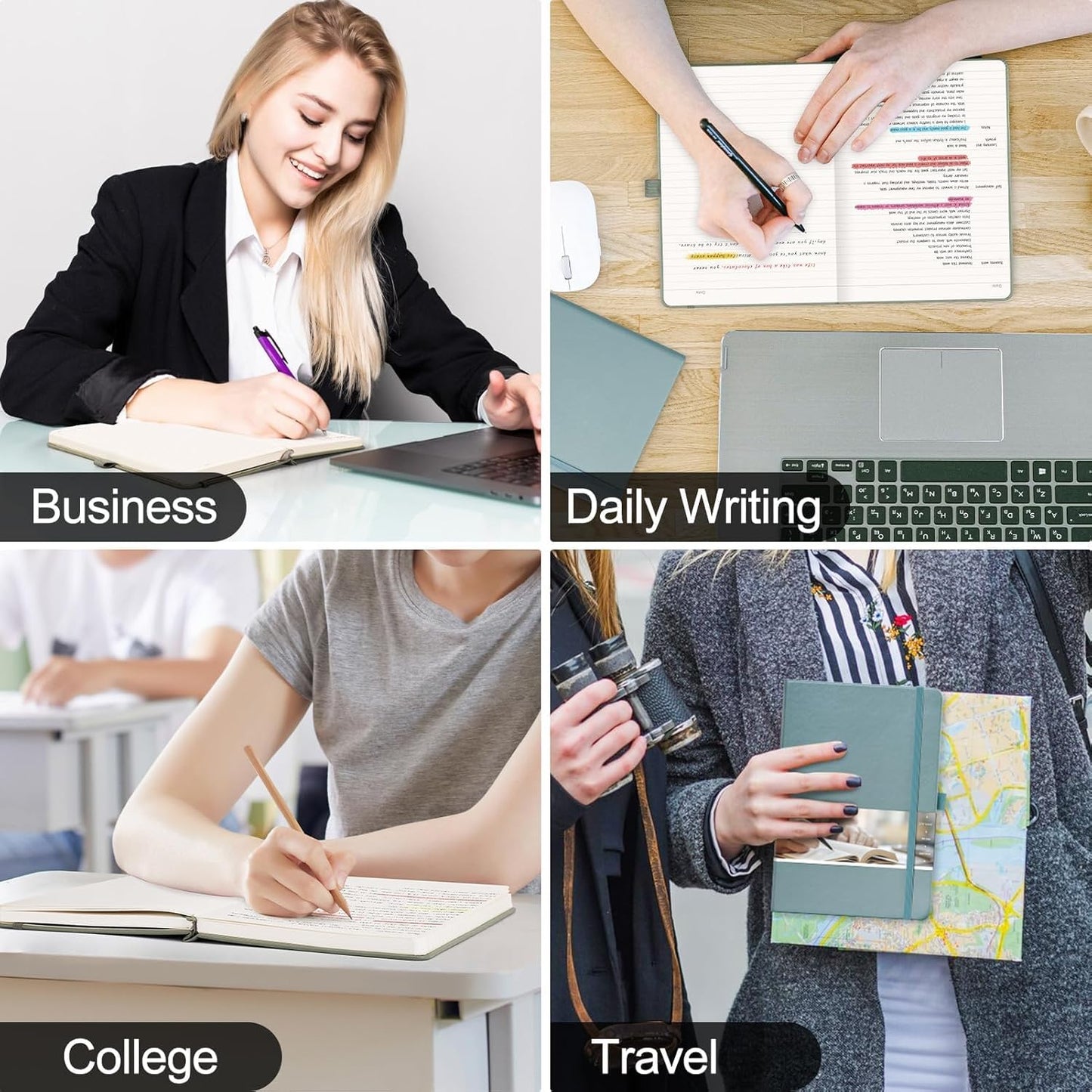 EMSHOI Lined Journal Notebook - 256 Numbered Pages 120gsm Thick Leather Journal with Sticky Notes, A5 Hardcover College Ruled Notebook for Women Men Work School Writing, Medium 5.75" x 8.38"-GrayBlue