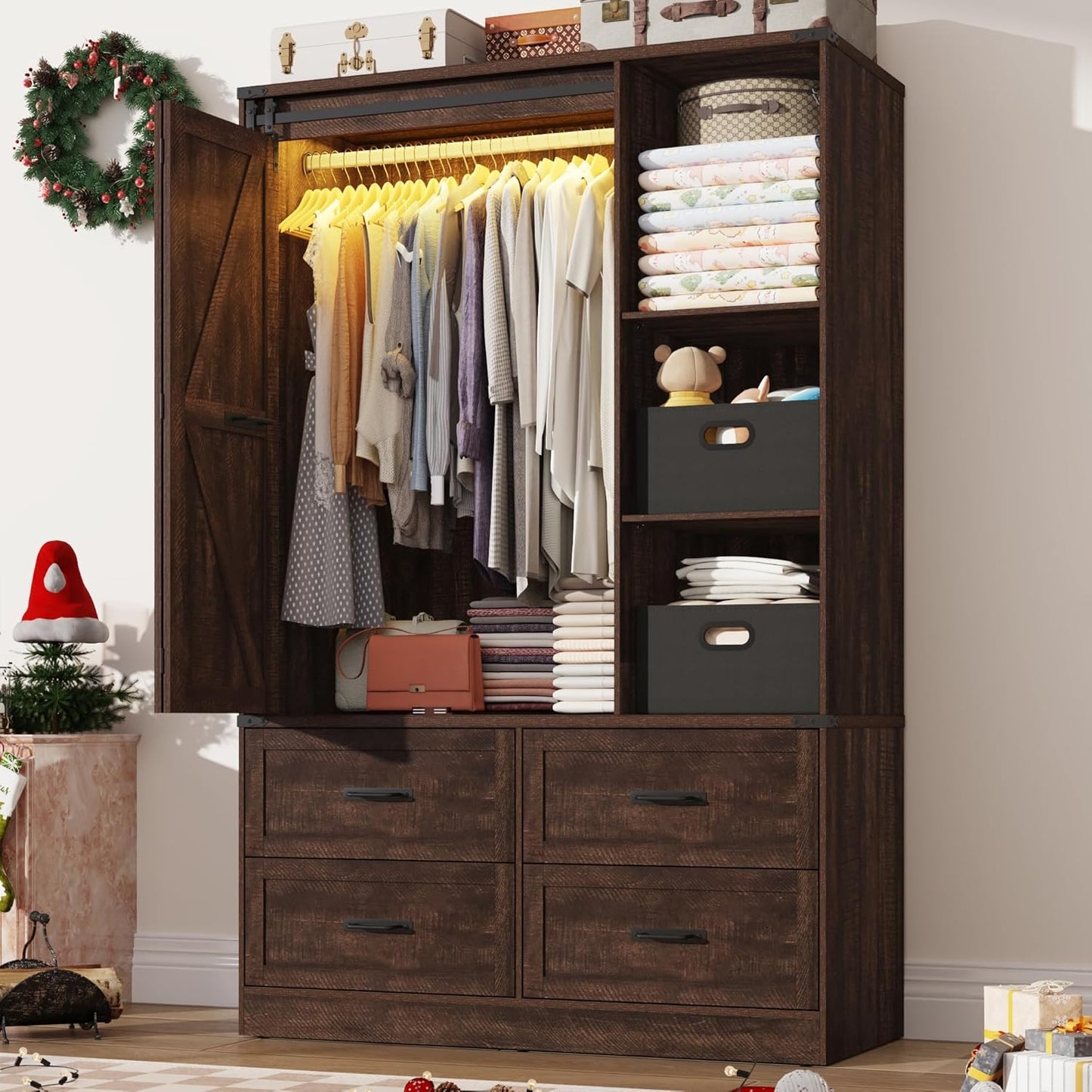Farmhouse 3 Doors Armoire Wardrobe Closet w/Folding Sliding Barn Door and Lights, LED Armoire Closet w/Drawers for Bedroom, Freestanding Wooden Wardrobe Storage Closets w/Hanging Rod,Rustic Brown