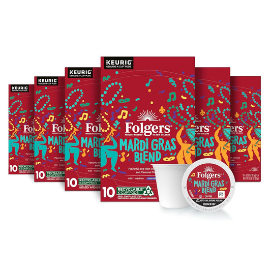 Folgers Mardi Gras Blend Medium-Dark Roast Coffee, Keurig K-Cup pods, 10 Count Box (Pack of 6)