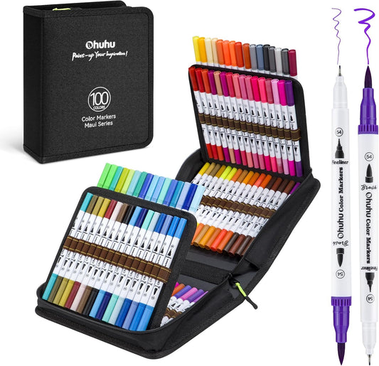 Ohuhu Markers for Adult Coloring Books No Bleeding 100 Colors Water-based Dual Tips Fineliner & Brush Coloring Markers for Kids Adults Beginners Drawing Pens for Journaling Lettering - Maui - White