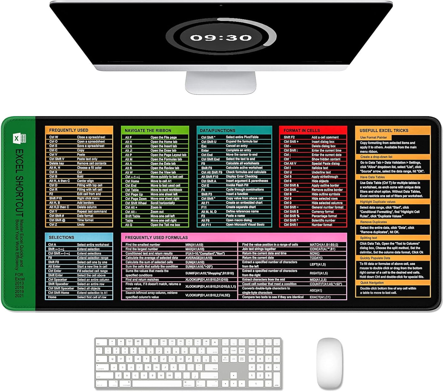 Auhoahsil Large Mouse Pad, XXL Gaming Mousepad, Desk Mat for Desktop, Thick Rubber, Big & Long Size, Stitched Edges, Full Desk Pad for Laptop & Computer, Extended 35.4 x 15.7 in, Excel Shortcut Keys