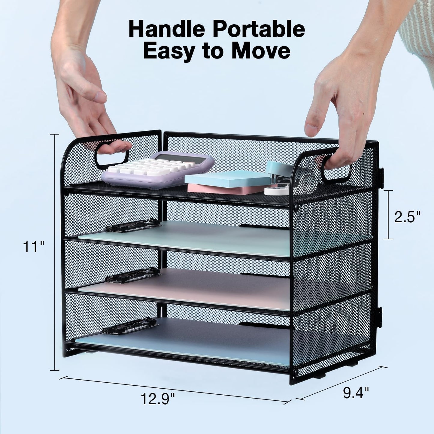 4-Tier Mesh Letter Tray Paper Organizer, Desk File Organizer with Handle - Black