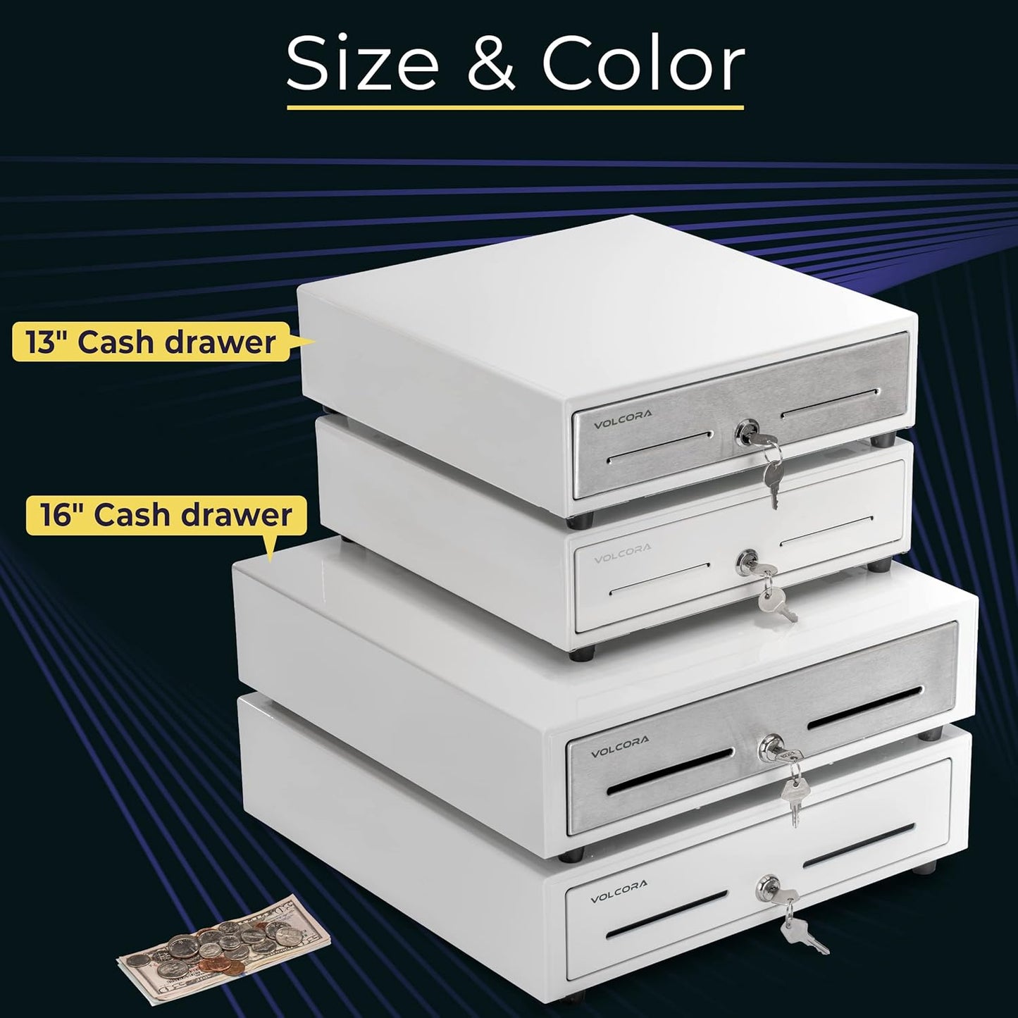 Volcora 13" Manual Push Open Cash Register Drawer for Point of Sale (POS) System, White Heavy Duty Till with 4 Bills and 5 Coin Slots, Key Lock with Removable Coin Tray and Double Media Slots
