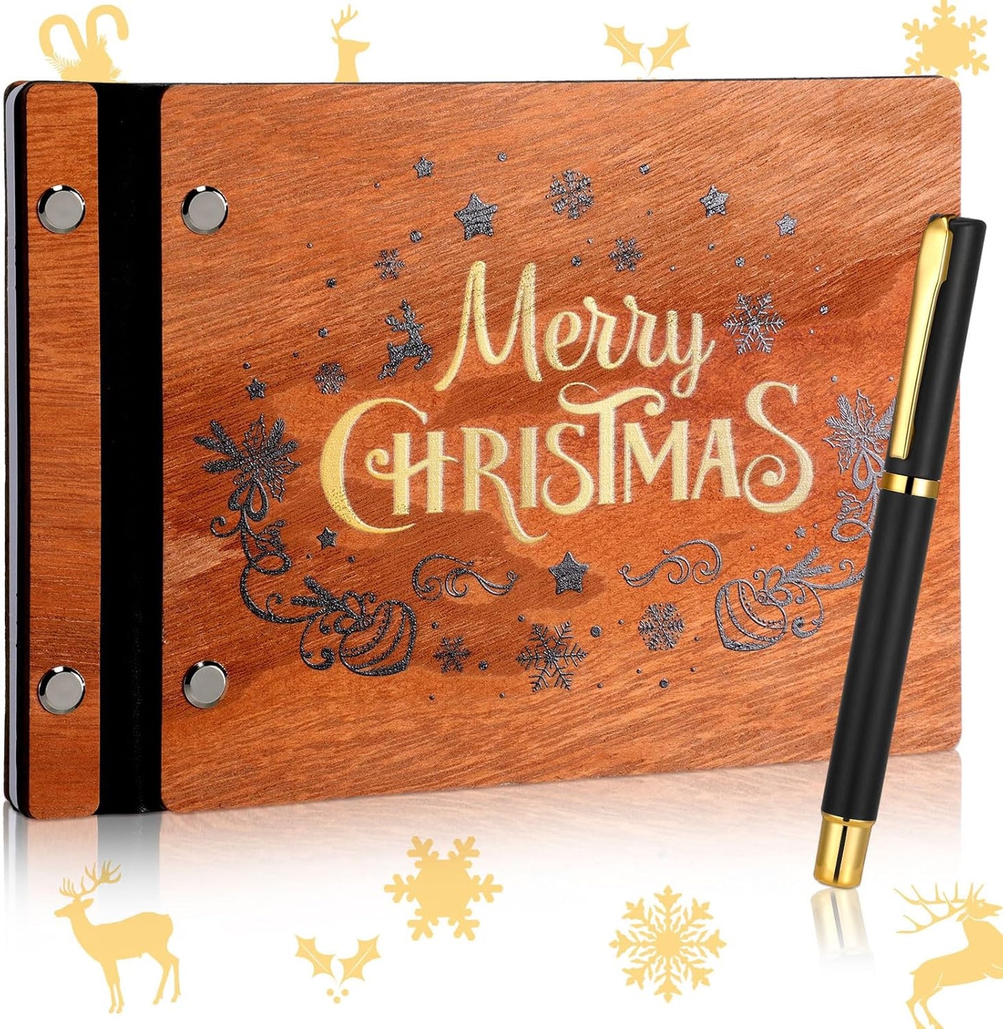Christmas Wooden Guest Book with Pen 8 x 6 Inches 120 Pages Memory Scrapbook Rustic Signature Party Sign in Xmas Gift for Couple Guests Book