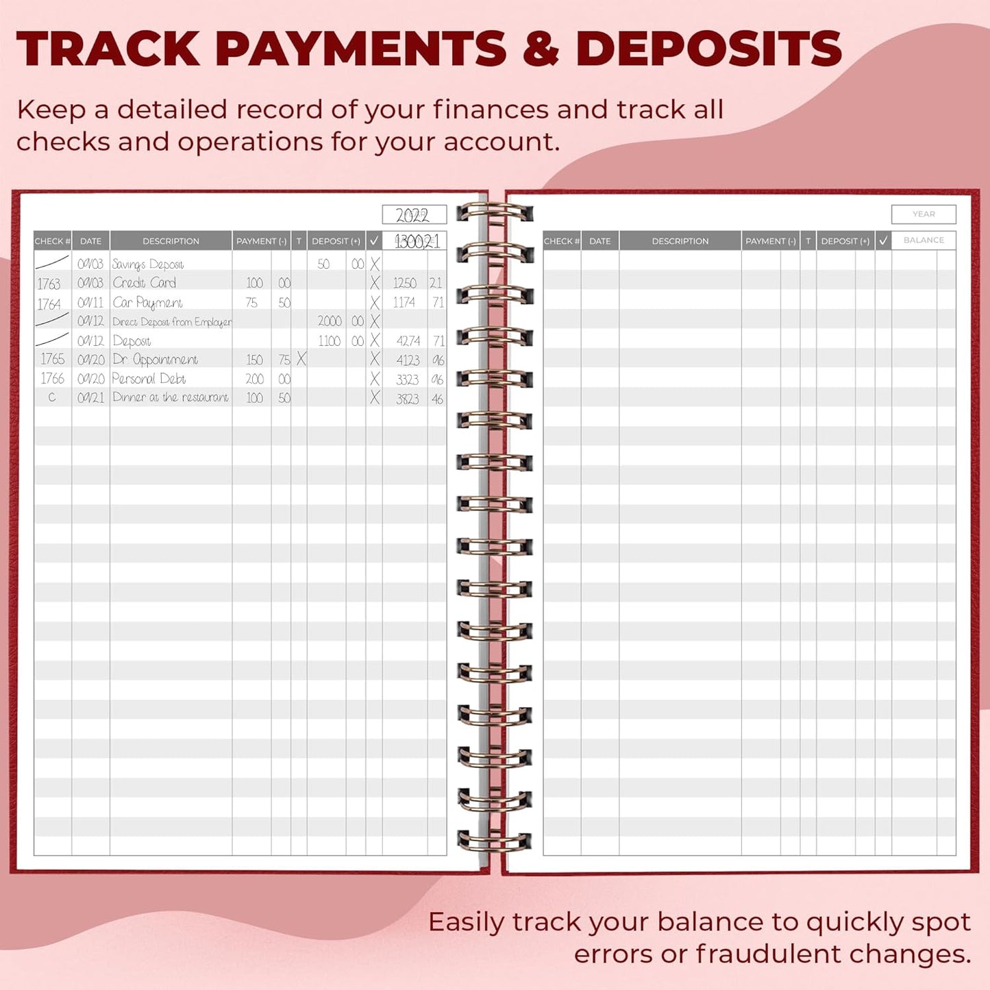 Clever Fox Check Register for Personal Checkbook – Checking Book Register – Checkbook Register – Accounting Ledger Book – 3968 Entry Lines, 6.1" x 8.3", Spiral Binding, Hardcover, Red