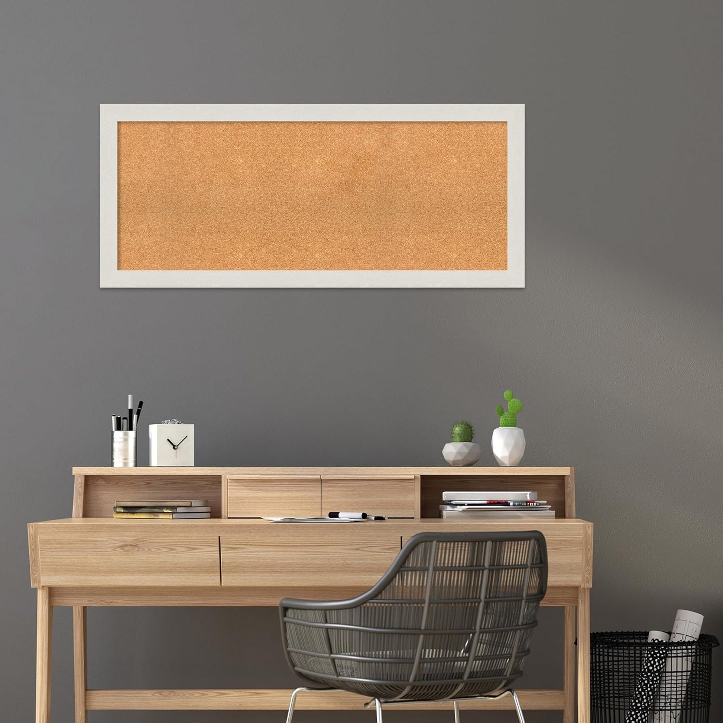 Amanti Art Natural Cork Board for Wall, 21x49 Vision Board with White Frame, Oversize Corkboard Office Decor for Home Organization, Country Rustic Corkboard Pinboard to Display Items for Home