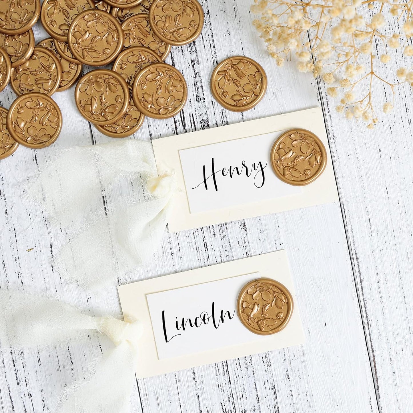 UNIQOOO Wax Seal Stickers - 3D Magnolia Wedding Invitation Envelope Botanical Seal Stickers, 50 Pcs Self- Adhesive Antique Gold Stickers, Perfect for Invitation, Christmas, Gift Wrapping, Party