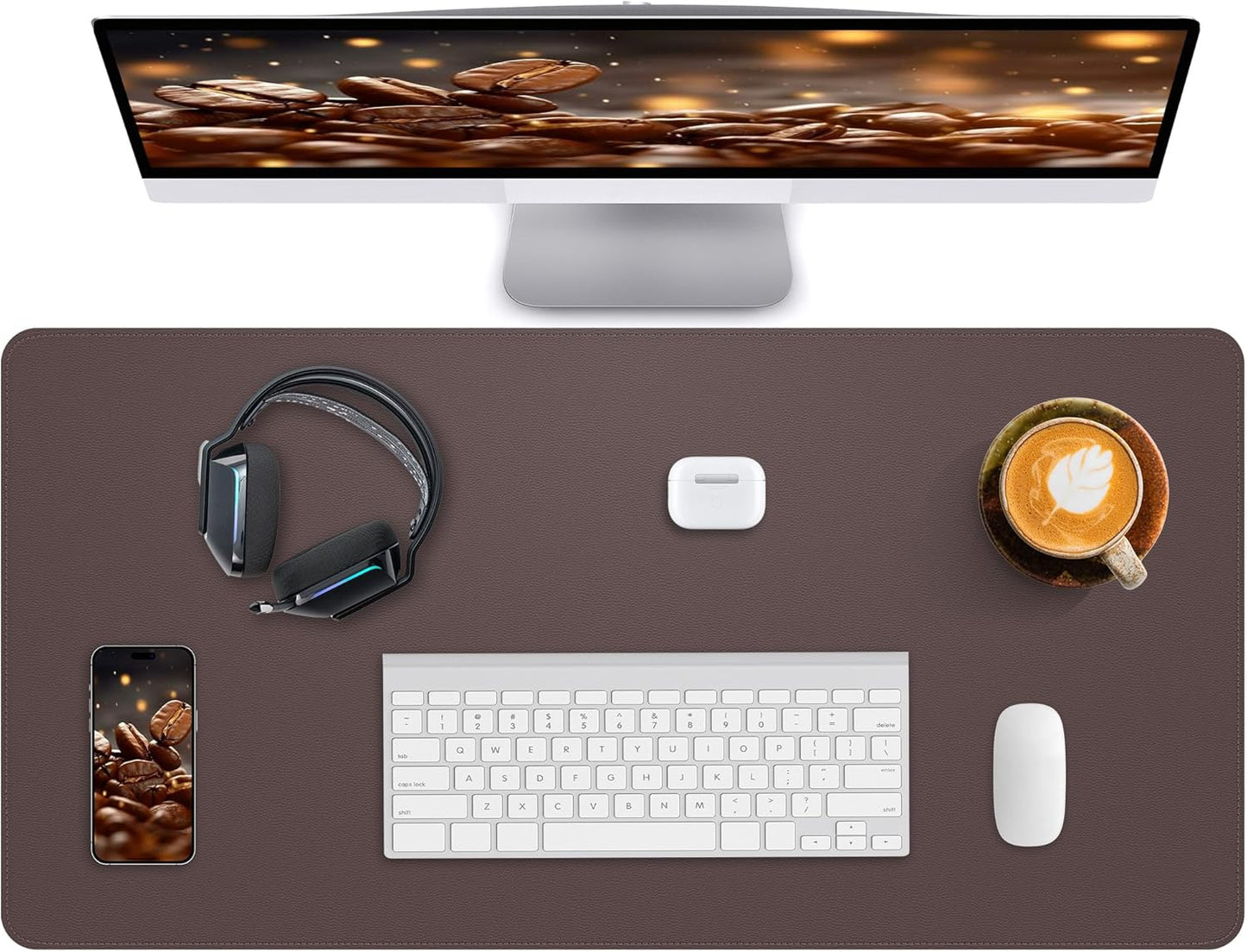 Desk Pad Mat 23.6"x13.7" - Waterproof Mouse Pad & Desk Protector, Non-Slip PU Leather for Gaming Keyboard/Mouse, Stitched Edge XL Office Desk Pad with Ergonomic Support(Coffee)