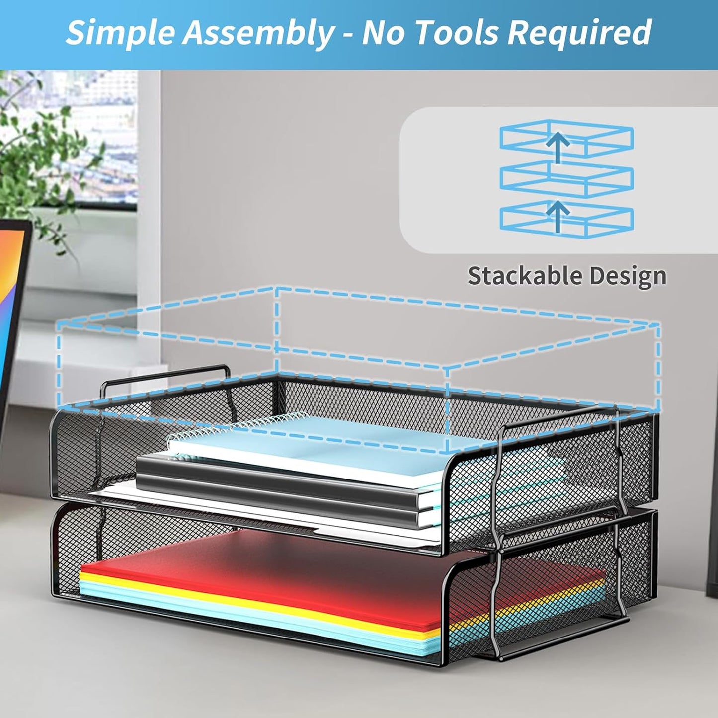 2 Tier Stackable Letter Tray, Metal Mesh File Storage Desktop Organizer for Home Office, Black