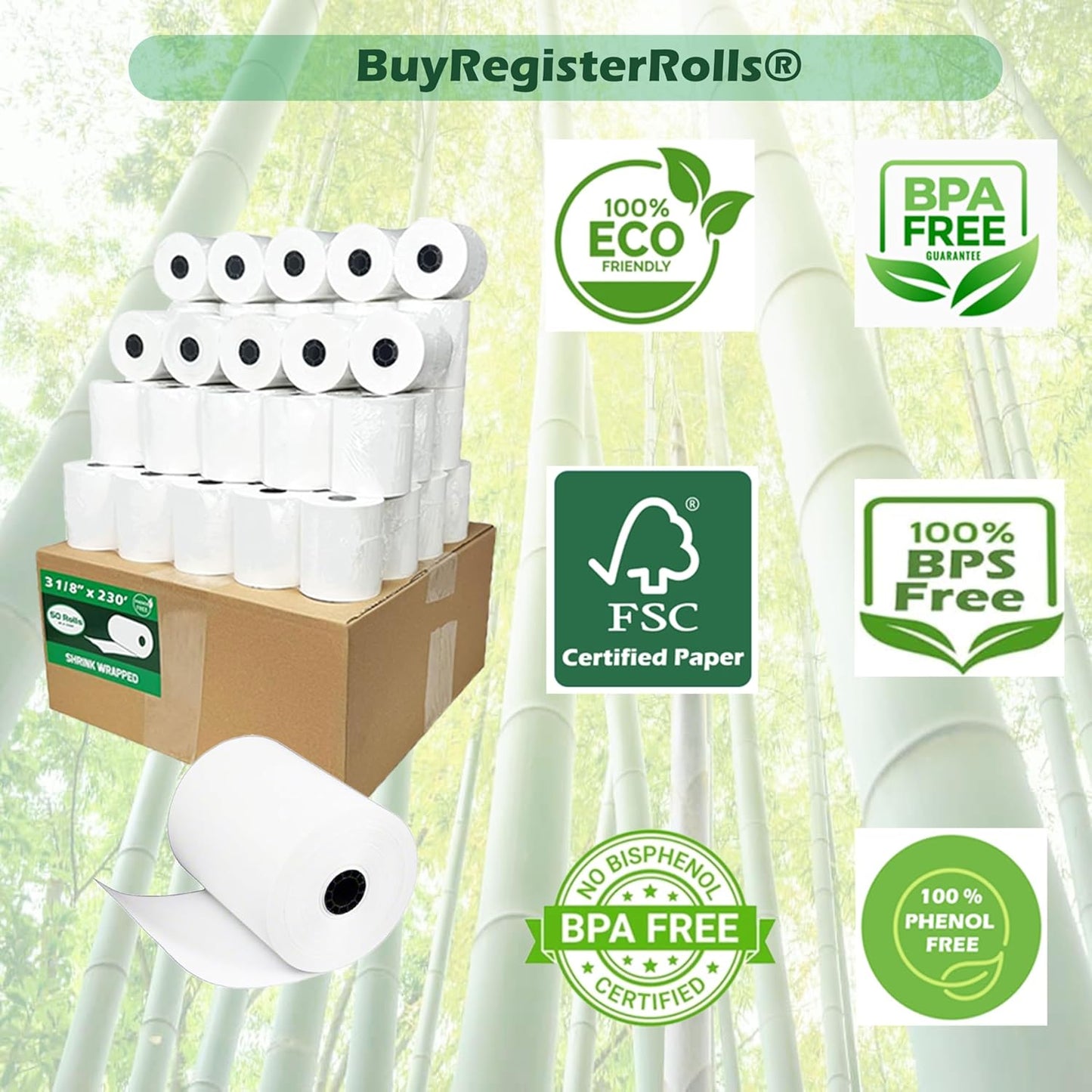 BPS Free Thermal Paper 3 1/8" x 230' ft (Also BPA & Phenol Free - 50 Rolls) Climate Friendly Receipt Rolls fits all Clover POS Cash Register Printers SCP700 TSP100 from BuyRegisterRolls