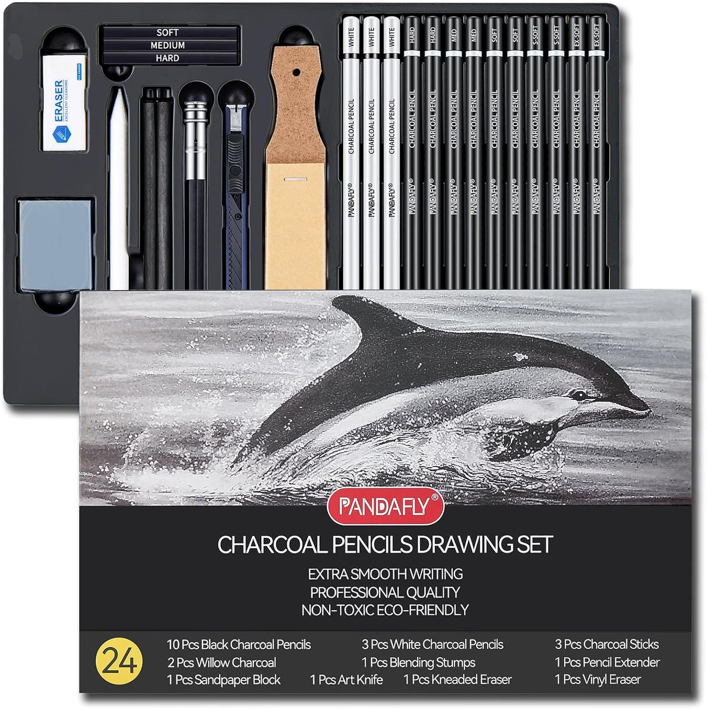 PANDAFLY Charcoal Pencils Drawing Set, 24 Piece Black & White Charcoal Pencils for Drawing, Sketching, Shading, Blending, Artist Pencils for Kid, Beginners & Pro Artists