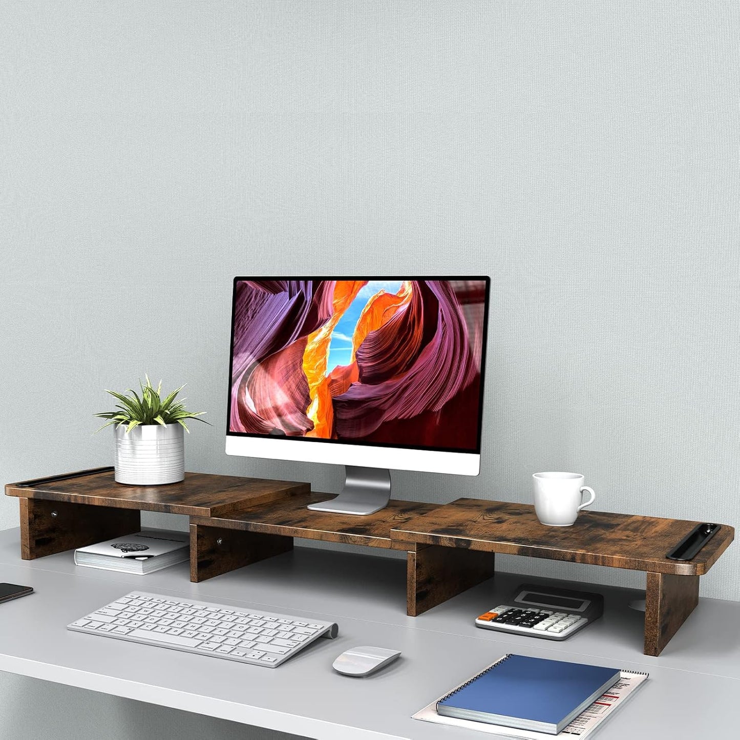 Zimilar Dual Monitor Stand Riser, Monitor Stand with Adjustable Length and Angle, Wood Monitor stand for desk, Monitor Riser for 2 monitors with Storage Space(Rust Brown Large)