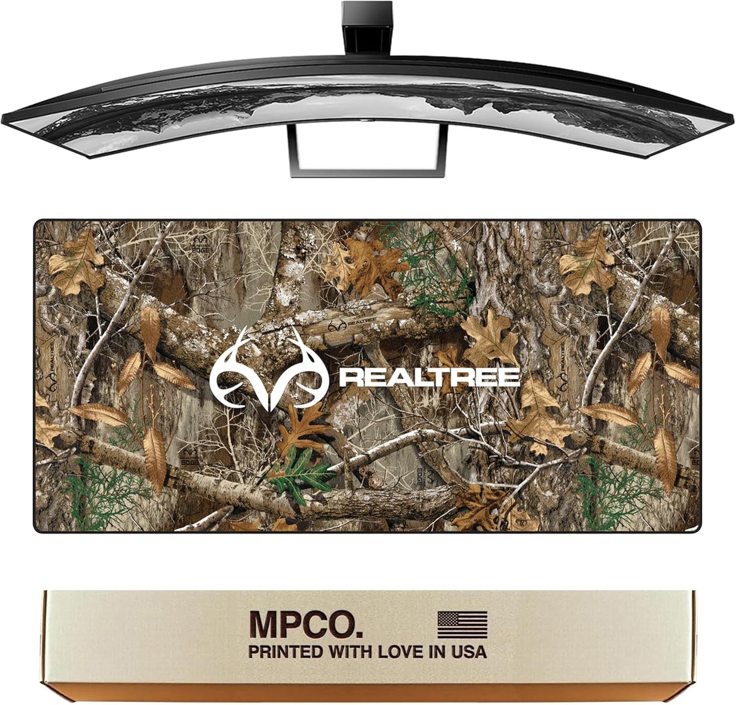 MPCO. Real Tree Large Gaming Desk Pad - 36" x 17" Aeroglyde Fabric Edge Green – With Logo Desk Mats - Non-slip, Washable, Smooth Glide for Precision Gaming & Work