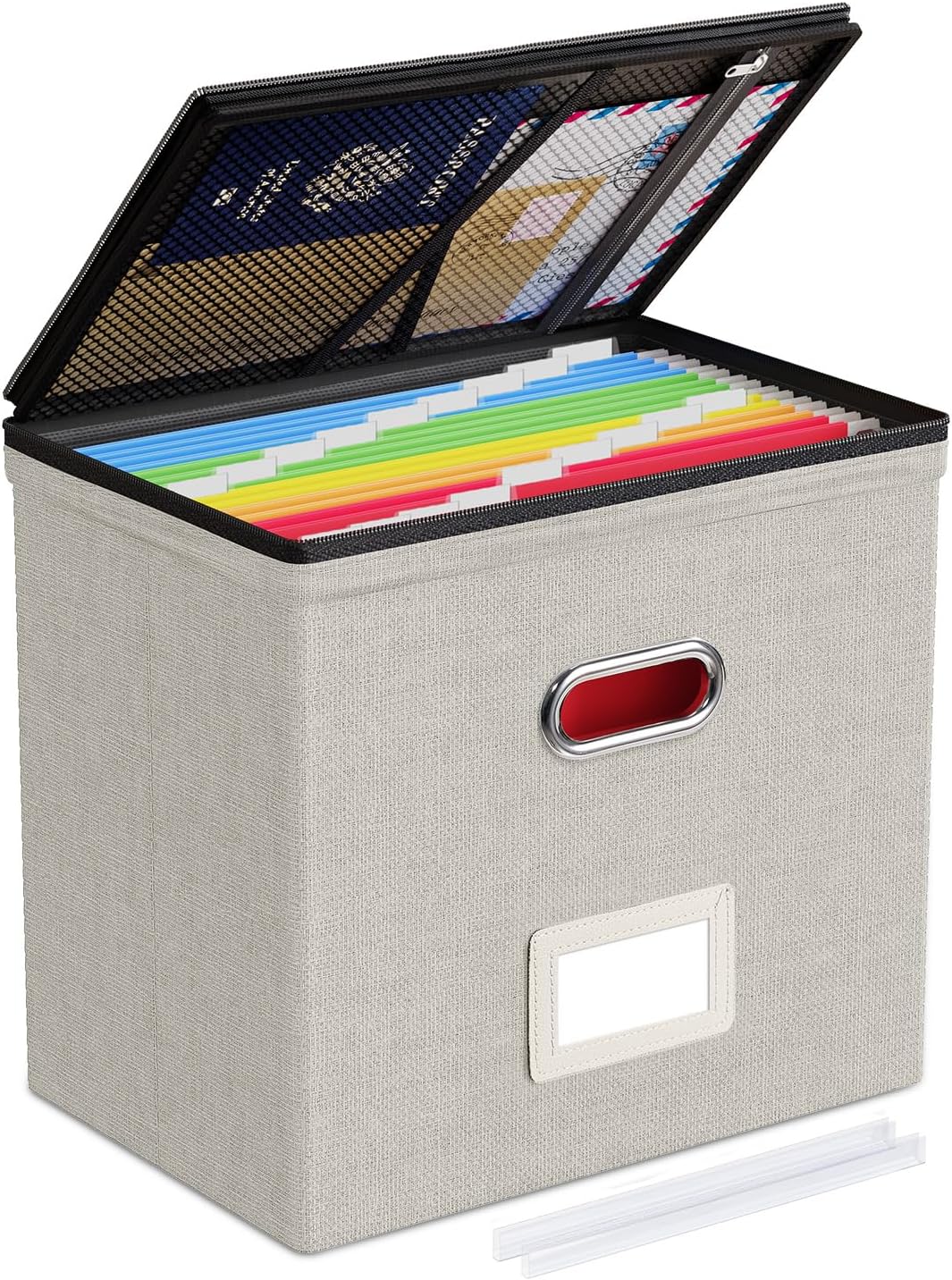 Oterri File Organizer Boxes with Lids, File Box with Mesh Pockets, Document Organizer Box for Letter Size Folders, Zippers Important Document Organizer (Beige, Small-1 Pack Without Folders)